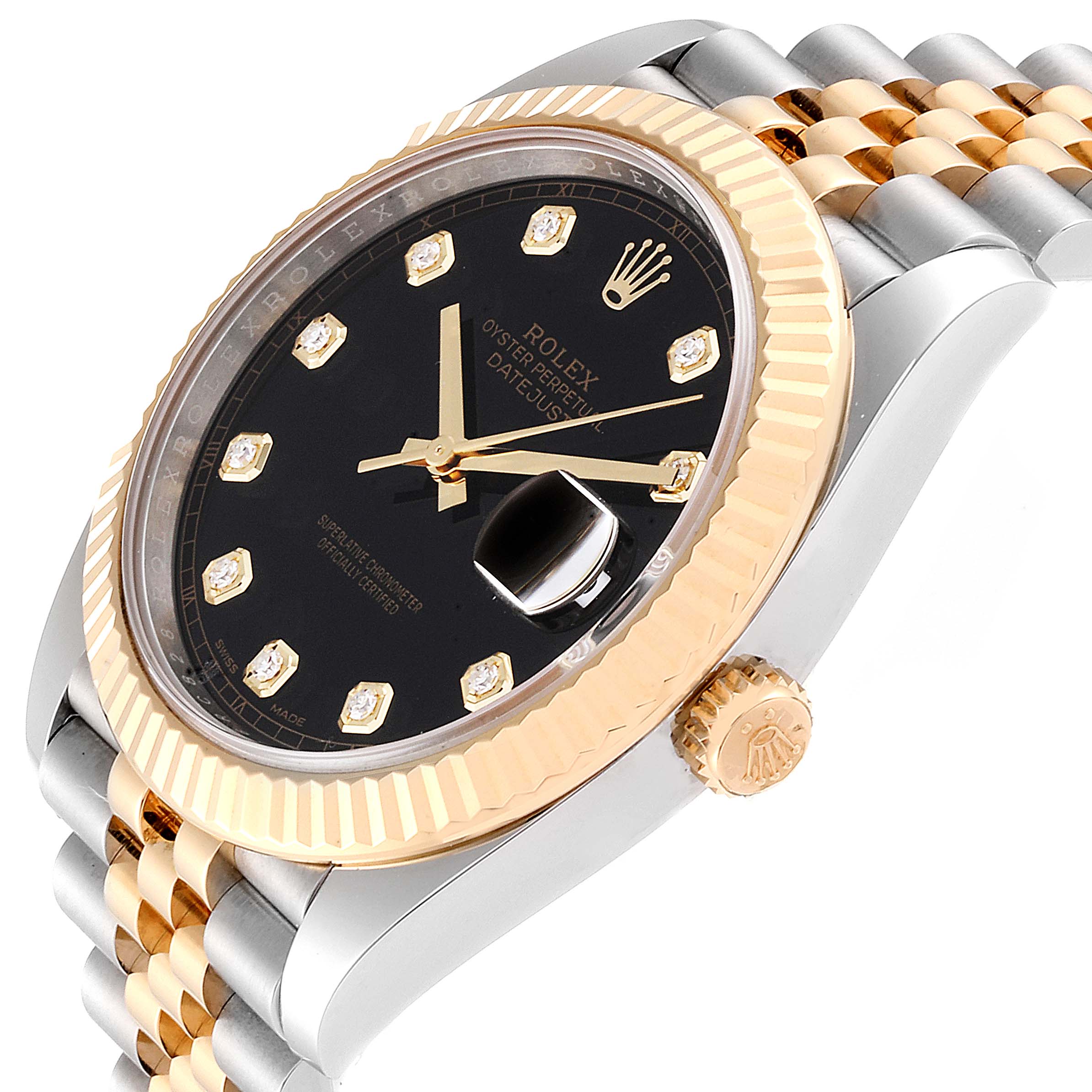 This image shows a Rolex Datejust 126333 Men's Steel and Gold (two tone) Black Dial 126333 Men's Steel and Gold (two tone) Black Dial watch at an angled side view, highlighting the face, bezel, crown, and a section of the bracelet.