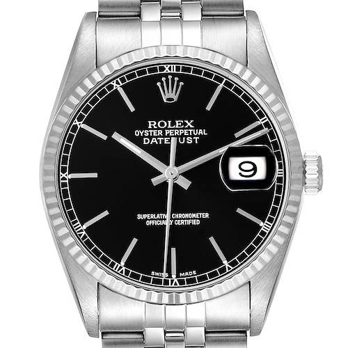 This image shows a front view of the Rolex Datejust watch featuring its black dial, silver hour markers, and date window.