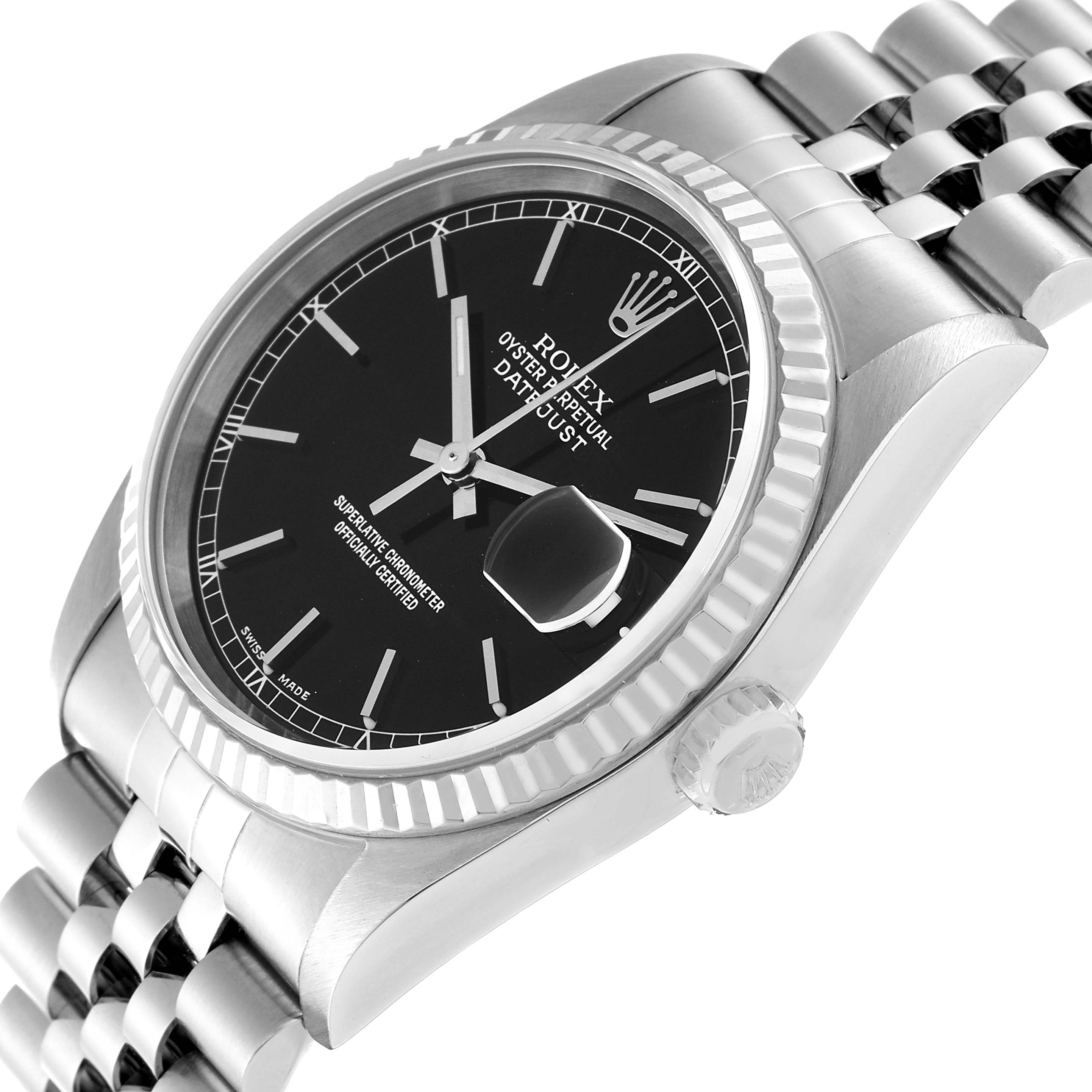 The image shows a close-up, angled view of a Rolex Datejust 16234 Men's Stainless Steel Black Dial 16234 Men's Stainless Steel Black Dial watch, highlighting the black dial, fluted bezel, and part of the jubilee bracelet.