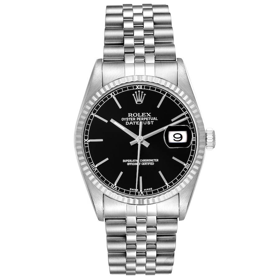Rolex Datejust Black Dial Steel White Gold Mens Watch 16234 Box Papers SwissWatchExpo