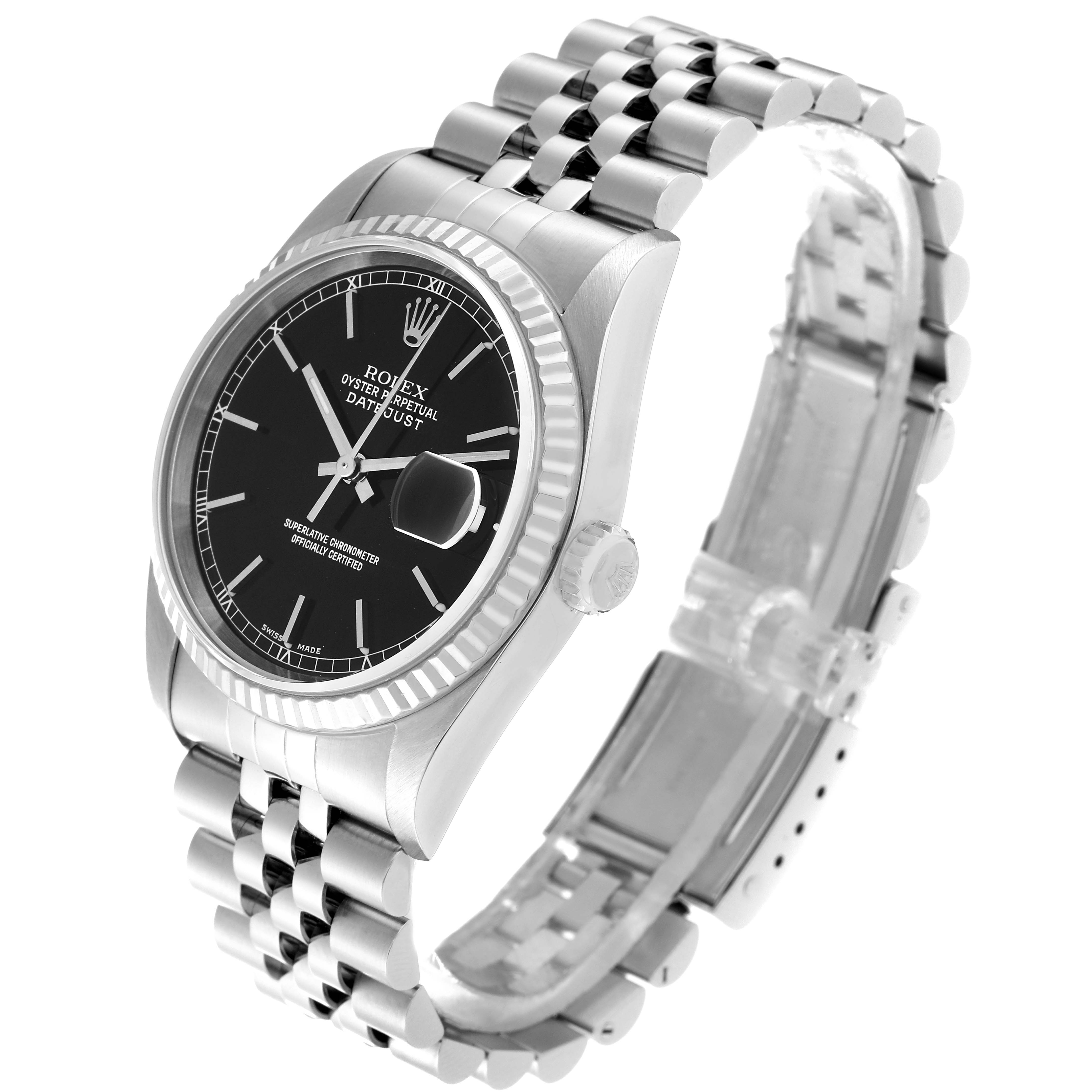 This image shows a Rolex Datejust 16234 Men's Stainless Steel Black Dial 16234 Men's Stainless Steel Black Dial watch at an angle highlighting the dial, case, crown, and Jubilee bracelet.