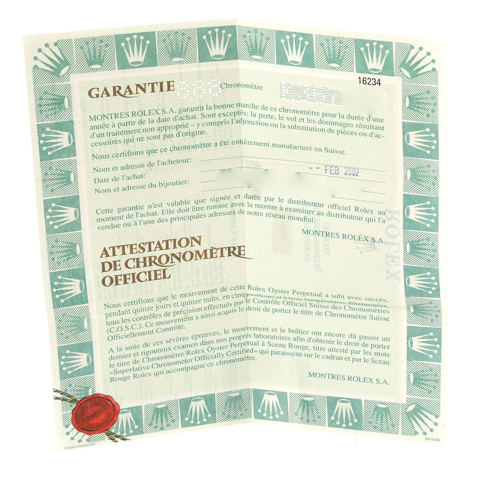 The image shows a Rolex Datejust 16234 Men's Stainless Steel Black Dial 16234 Men's Stainless Steel Black Dial warranty and chronometer certificate with signatures and information.