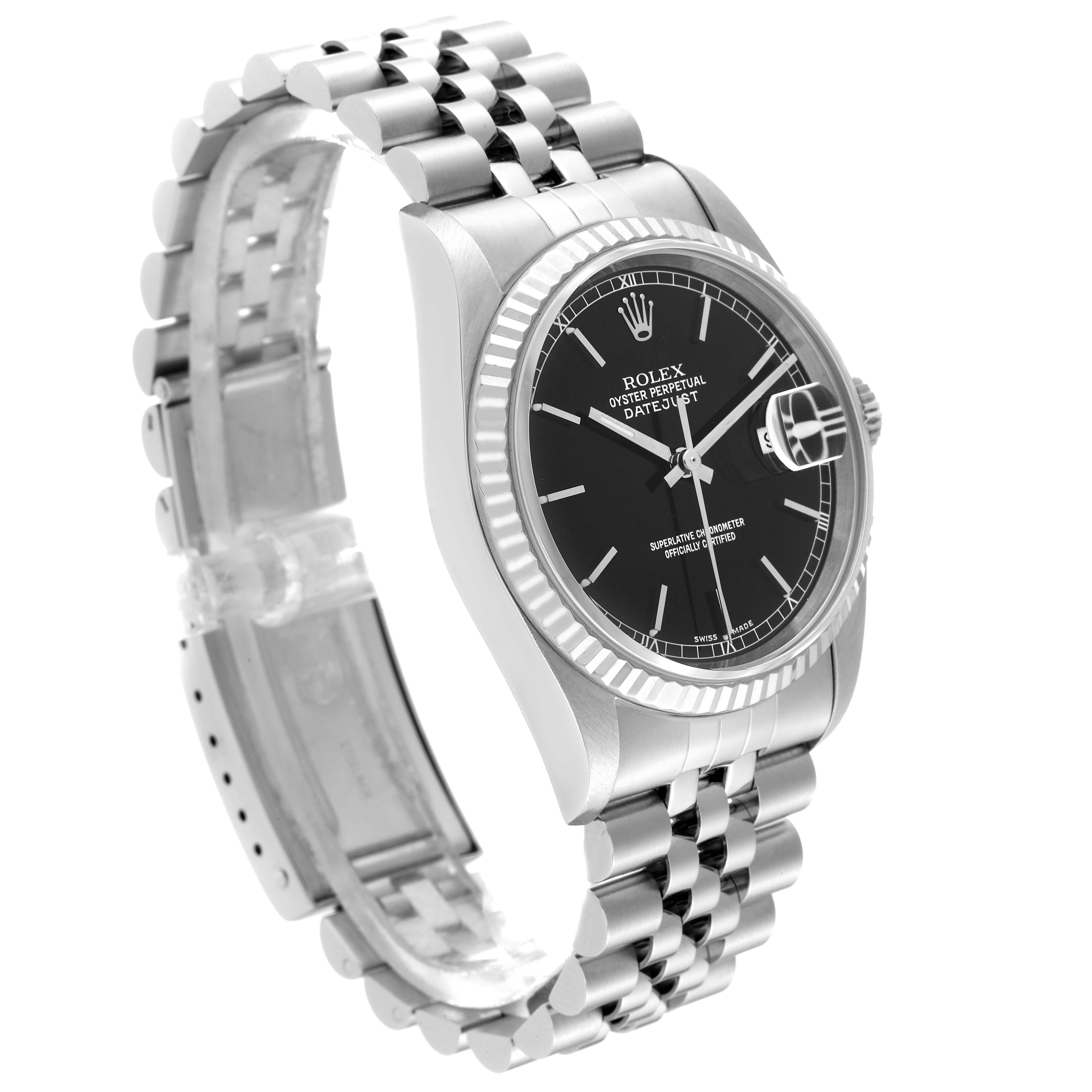 The Rolex Datejust 16234 Men's Stainless Steel Black Dial 16234 Men's Stainless Steel Black Dial watch is shown at a three-quarter angle, highlighting the black dial, fluted bezel, and Jubilee bracelet.