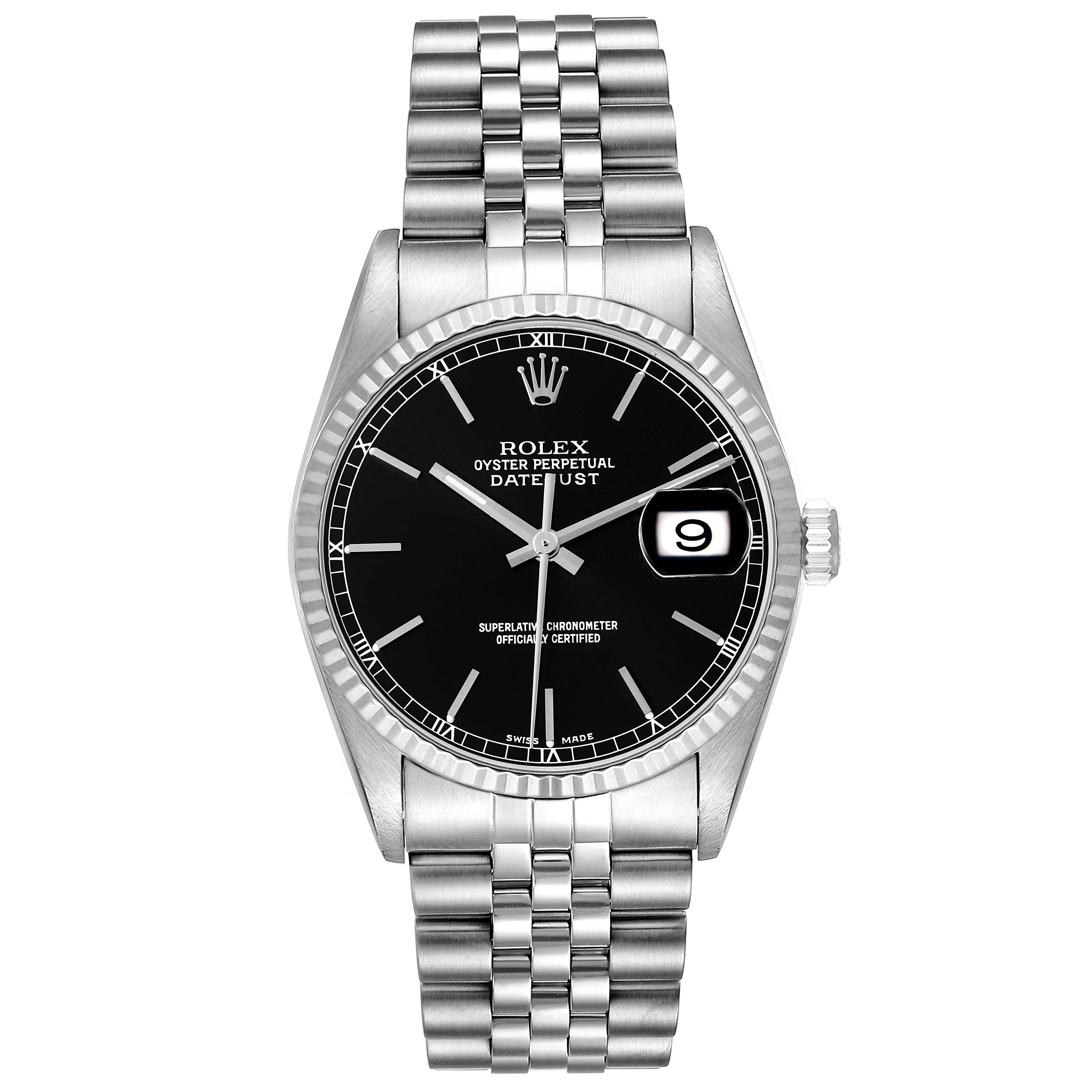 The Rolex Datejust 16234 Men's Stainless Steel Black Dial 16234 Men's Stainless Steel Black Dial watch is shown from a top-down angle, displaying the face, date window, bracelet, and bezel.