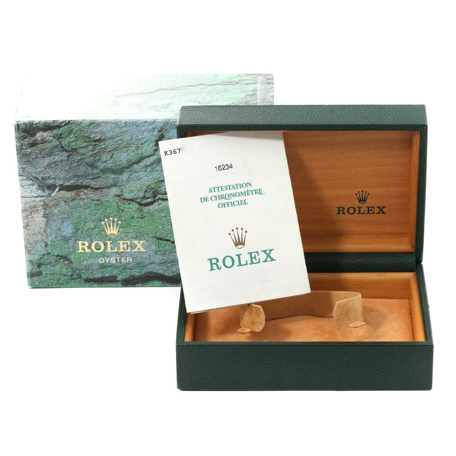 The image shows the open green Rolex Datejust 16234 Men's Stainless Steel Black Dial 16234 Men's Stainless Steel Black Dial watch box with its certificate inside and a branded cardboard box behind it.