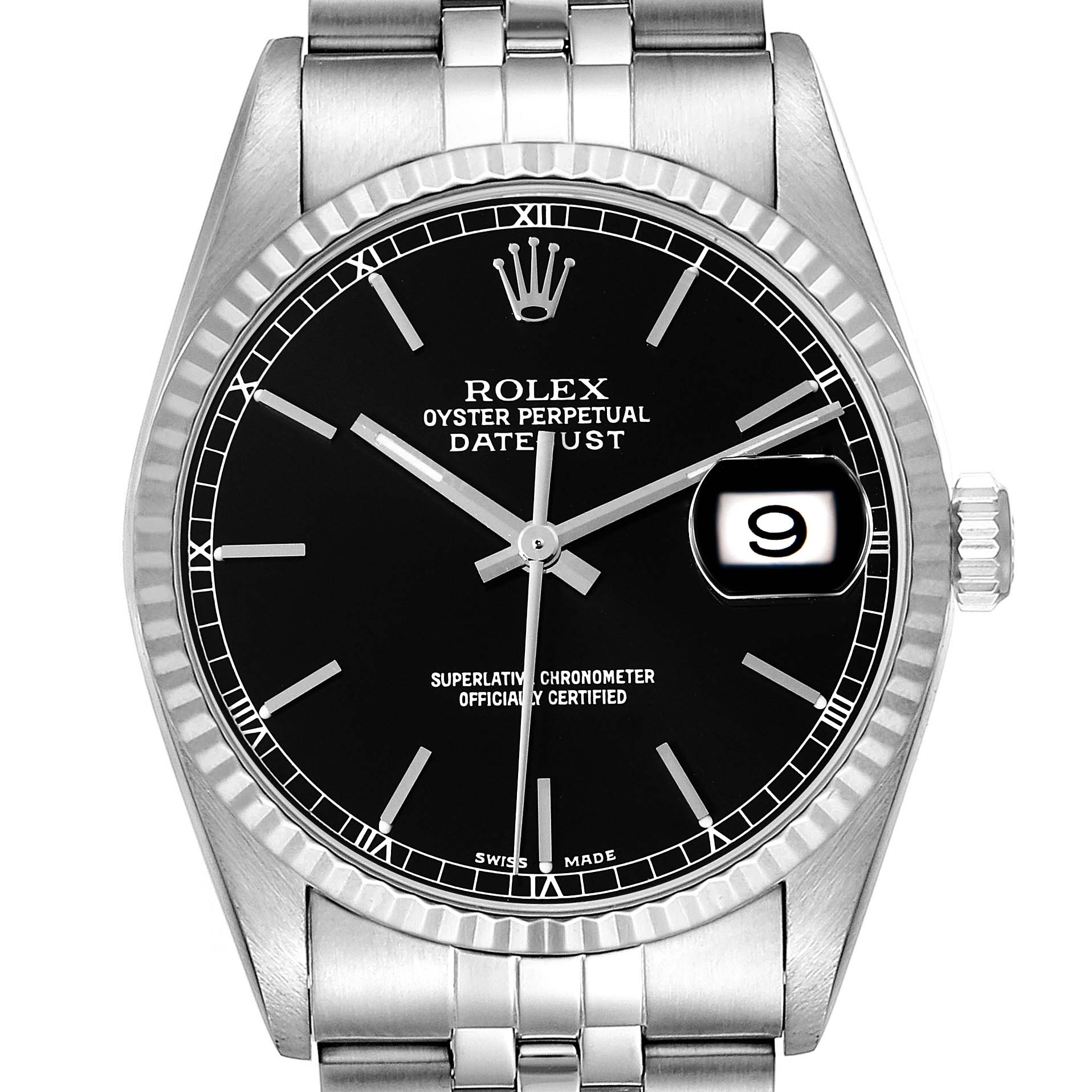 This image shows a frontal view of the Rolex Datejust 16234 Men's Stainless Steel Black Dial 16234 Men's Stainless Steel Black Dial watch, highlighting the dial, hands, bezel, and part of the bracelet.