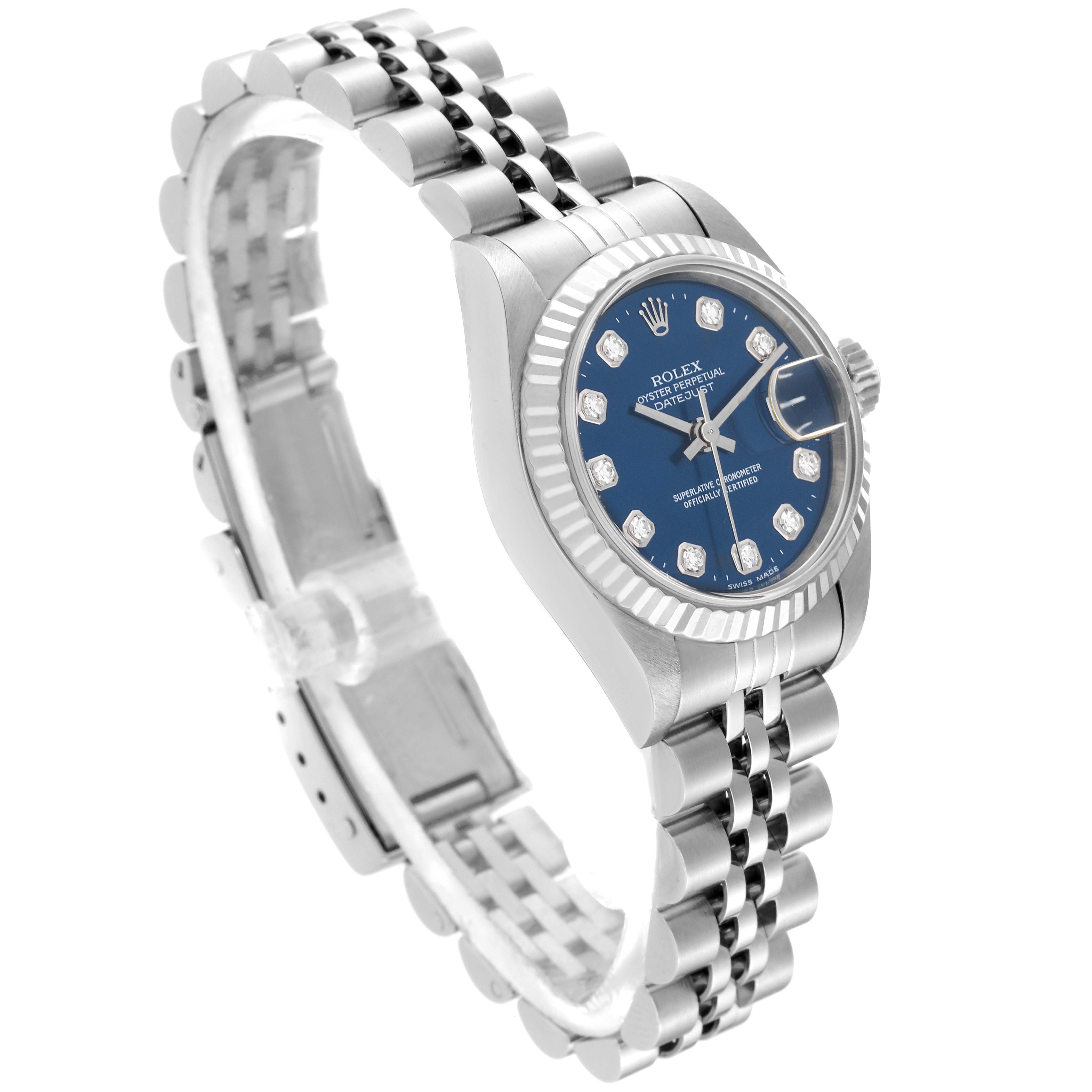 The image shows a side angle of a Rolex Datejust 79174 Women's Stainless Steel Blue Dial 79174 Women's Stainless Steel Blue Dial watch, highlighting its Jubilee bracelet, fluted bezel, and blue dial.