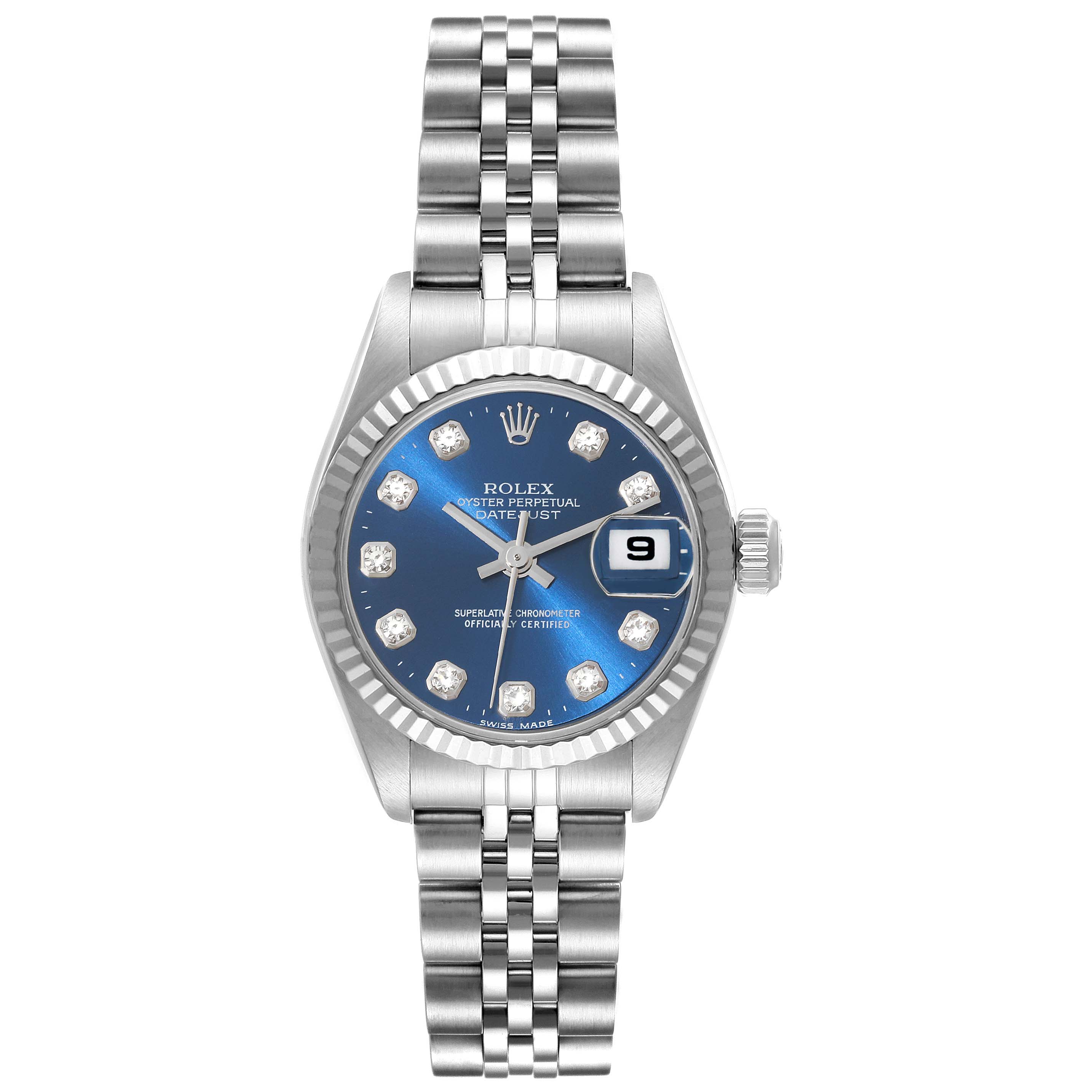 The Rolex Datejust 79174 Women's Stainless Steel Blue Dial 79174 Women's Stainless Steel Blue Dial watch is shown from the front angle, displaying its dial, bezel, crown, and bracelet.