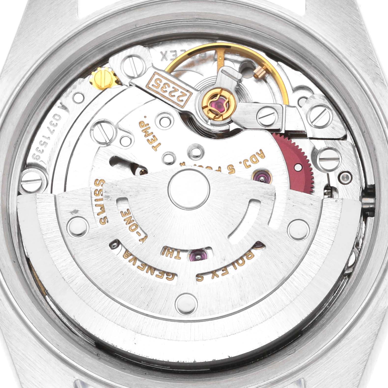 The image shows a close-up view of the movement and internal mechanism of a Rolex Datejust 79174 Women's Stainless Steel Blue Dial 79174 Women's Stainless Steel Blue Dial watch.