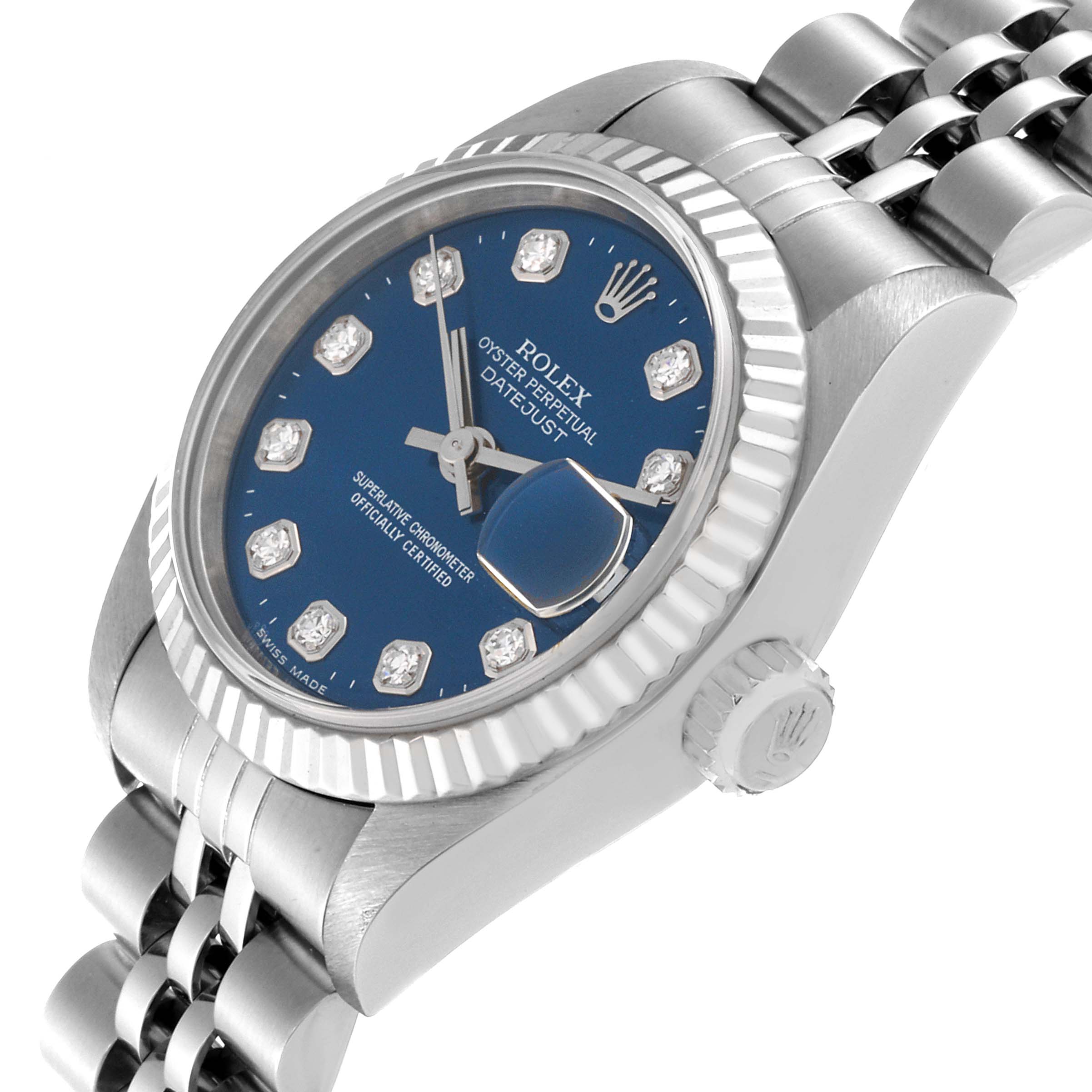 The Rolex Datejust 79174 Women's Stainless Steel Blue Dial 79174 Women's Stainless Steel Blue Dial watch is shown at a slight angle, featuring a blue dial, fluted bezel, and jubilee bracelet.