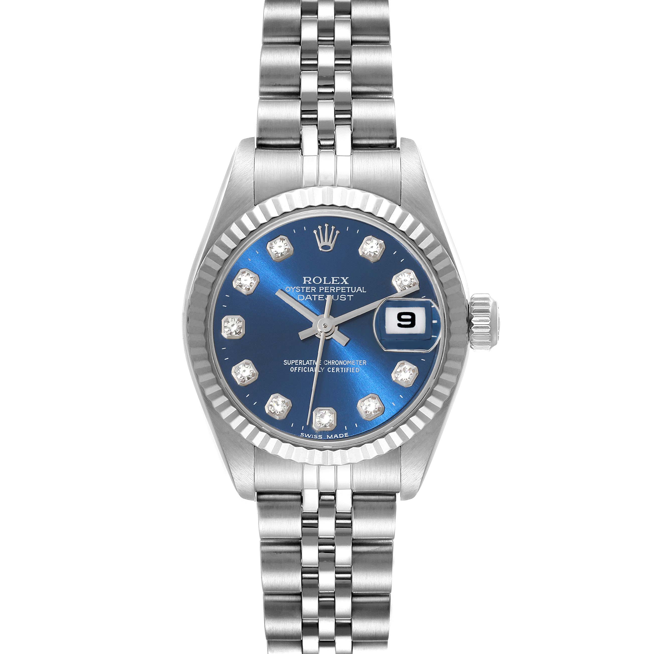 The image shows a front view of a Rolex Datejust 79174 Women's Stainless Steel Blue Dial 79174 Women's Stainless Steel Blue Dial watch with a blue dial, diamond markers, and a Jubilee bracelet.