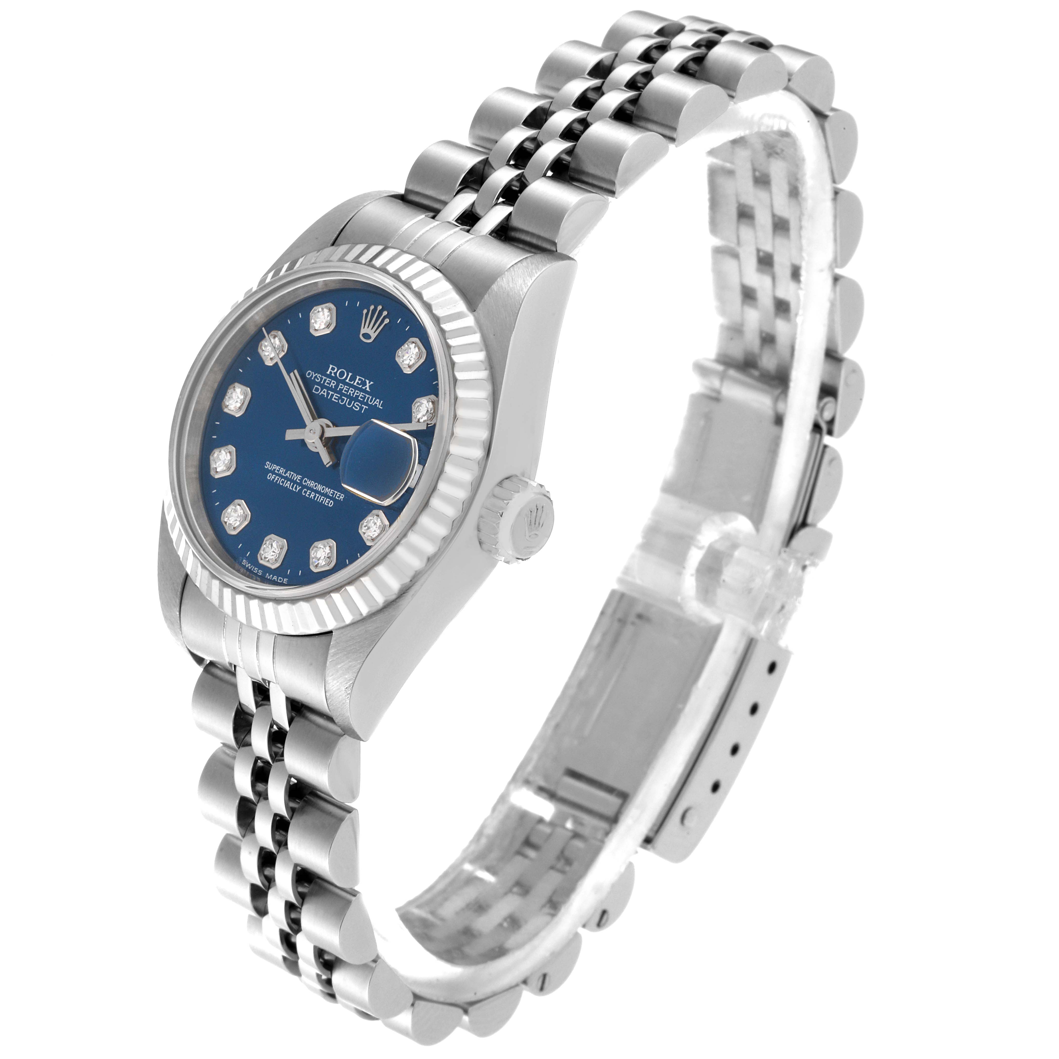 The Rolex Datejust 79174 Women's Stainless Steel Blue Dial 79174 Women's Stainless Steel Blue Dial watch is shown at an angled side view, highlighting its blue dial, crown, bezel, and bracelet.