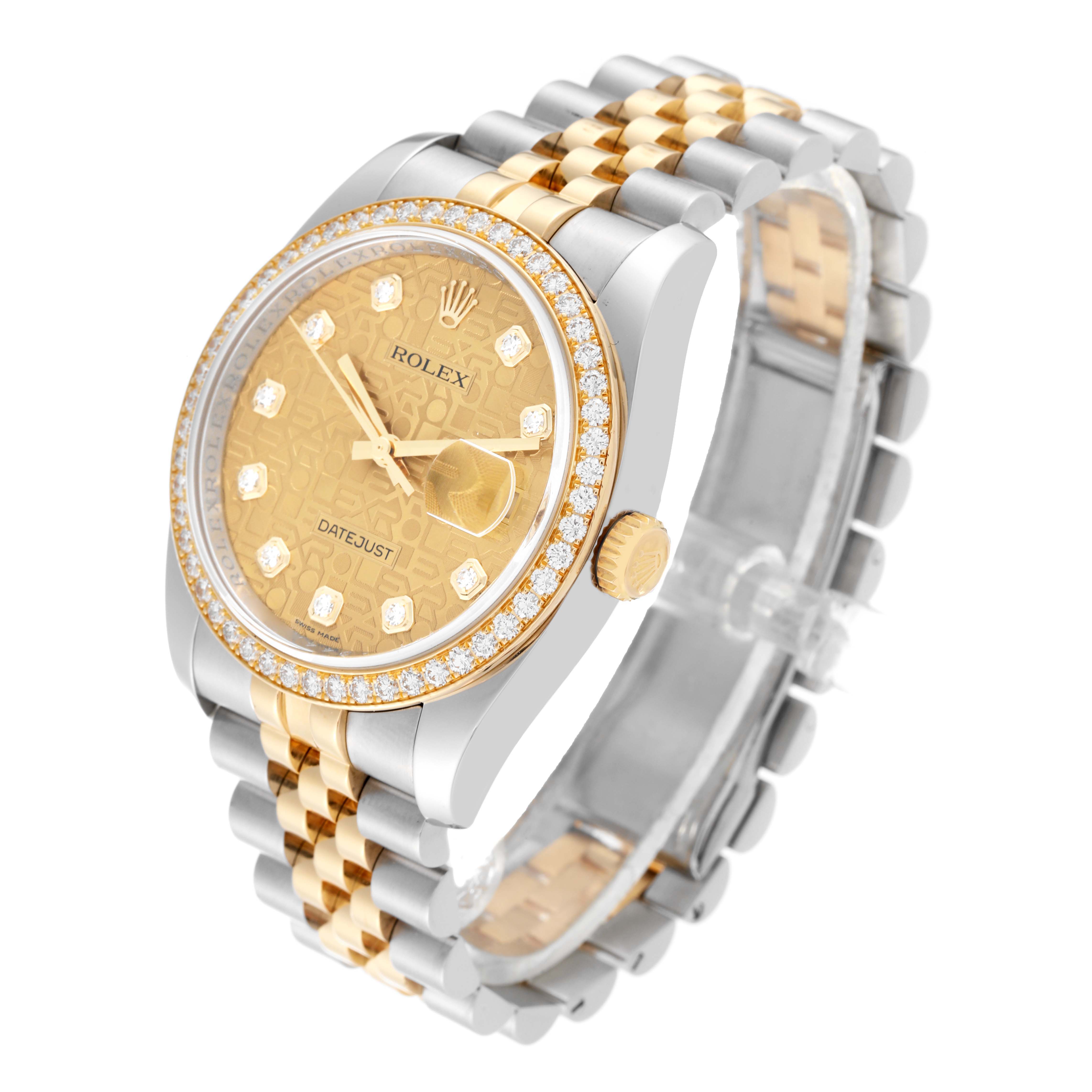 This image shows a Rolex Datejust 116243 Men's Steel and Gold (two tone) Champagne Dial 116243 Men's Steel and Gold (two tone) Champagne Dial watch at a slight angle, capturing the dial, bezel, crown, and bracelet.