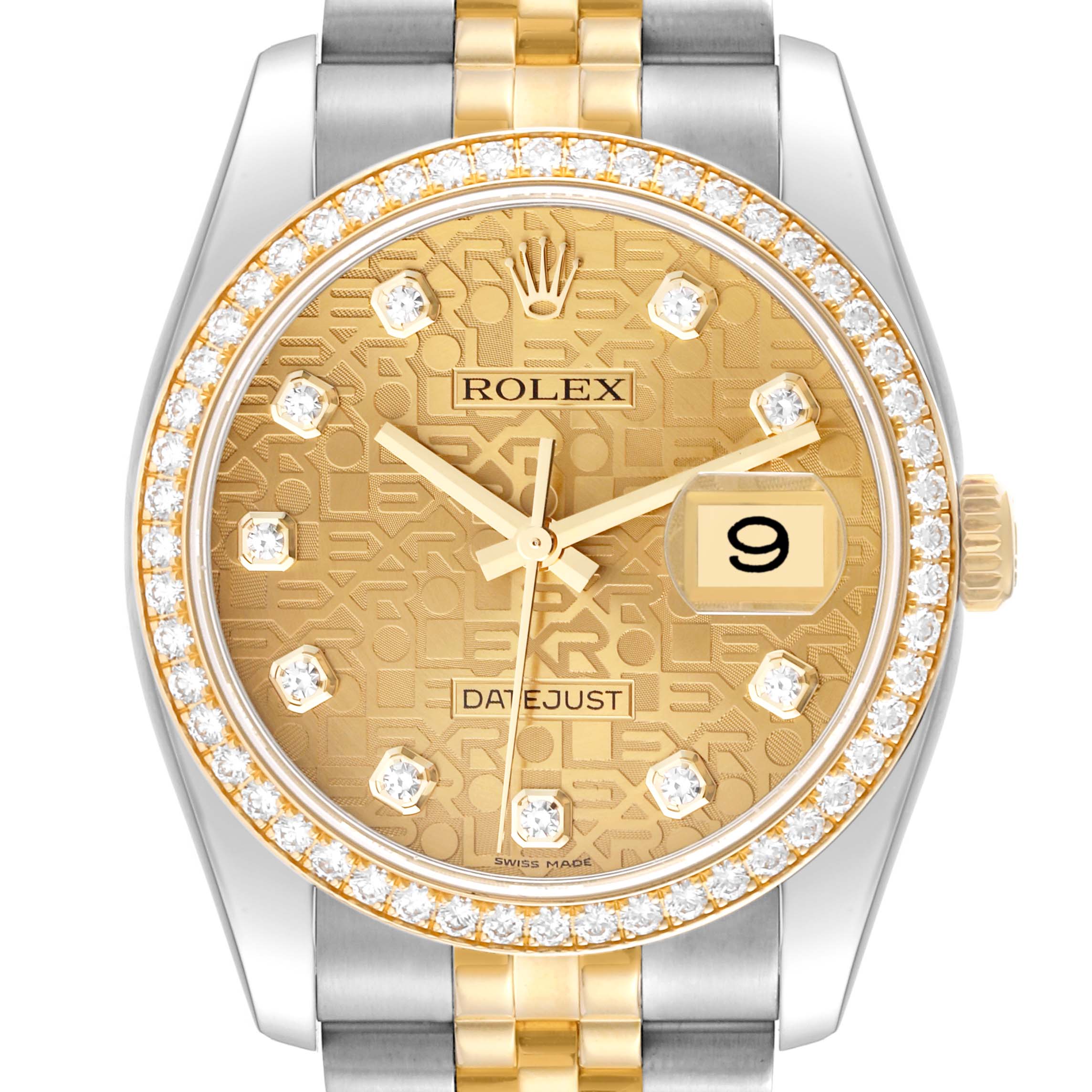 This Rolex Datejust 116243 Men's Steel and Gold (two tone) Champagne Dial 116243 Men's Steel and Gold (two tone) Champagne Dial model is shown from a front angle, highlighting its gold dial, diamond hour markers, and dual-tone bracelet.