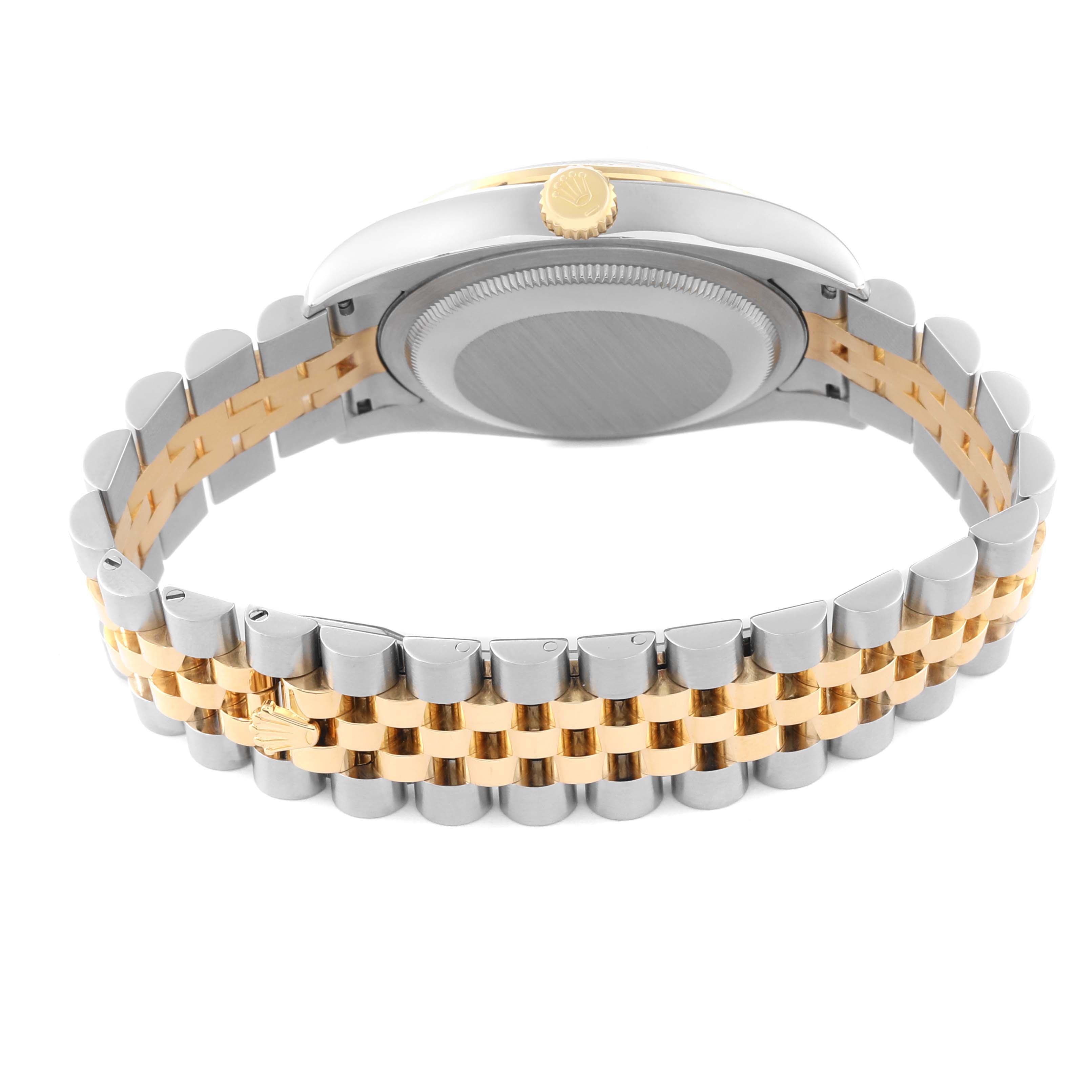 This image shows the back case and bracelet of a Rolex Datejust 116243 Men's Steel and Gold (two tone) Champagne Dial 116243 Men's Steel and Gold (two tone) Champagne Dial watch, highlighting the two-tone metal design.
