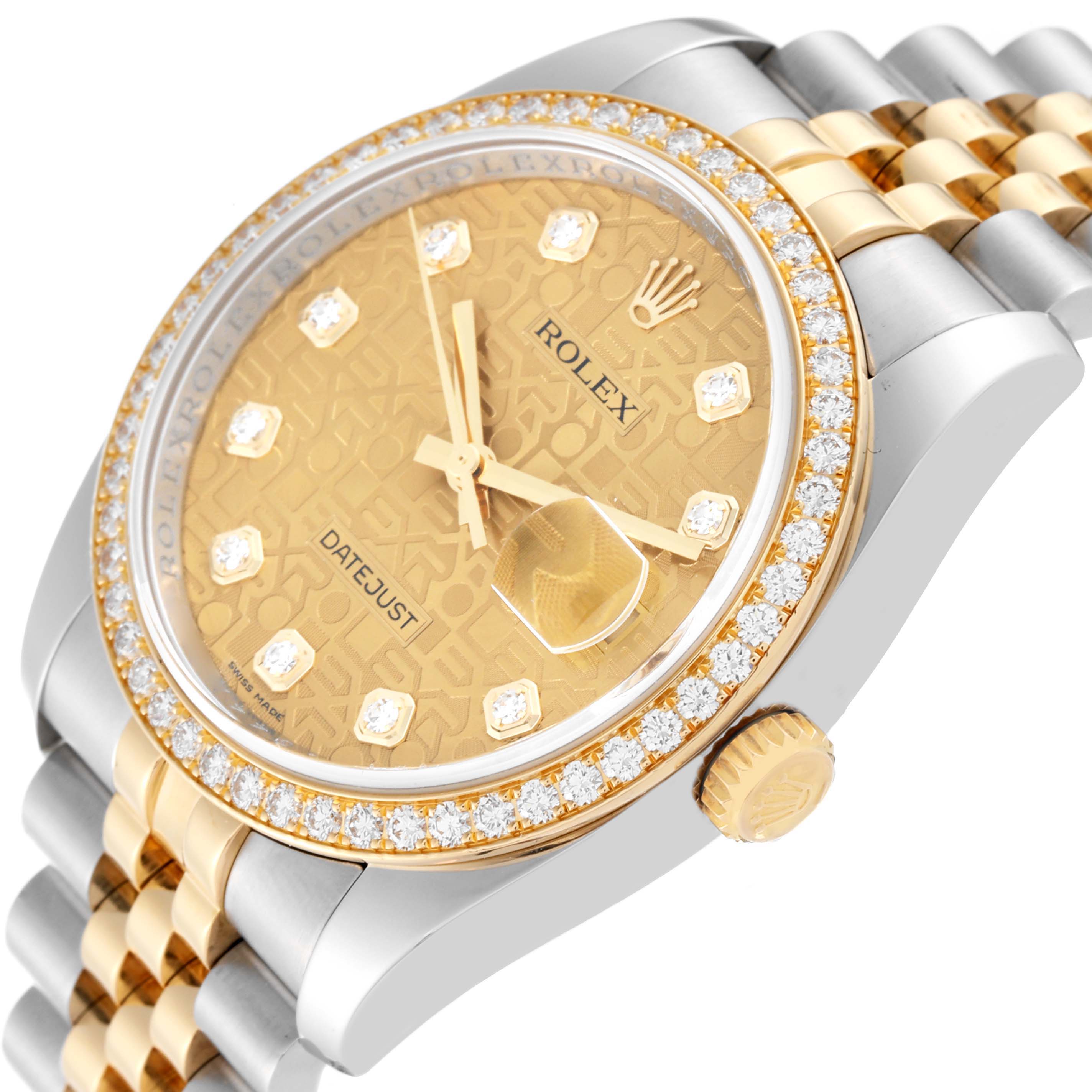 The image shows a close-up angle of the Rolex Datejust 116243 Men's Steel and Gold (two tone) Champagne Dial 116243 Men's Steel and Gold (two tone) Champagne Dial watch, highlighting its dial, bezel, crown, and part of the bracelet.
