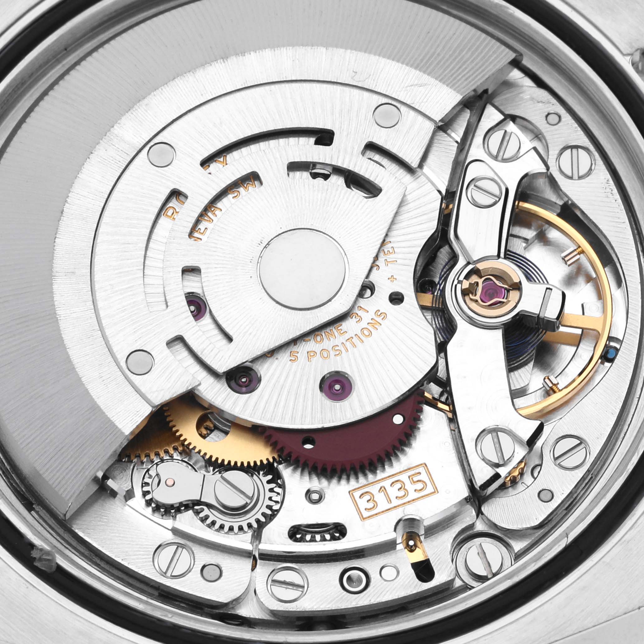 The image shows a close-up view of the internal mechanical movement of a Rolex Datejust 116243 Men's Steel and Gold (two tone) Champagne Dial 116243 Men's Steel and Gold (two tone) Champagne Dial watch.