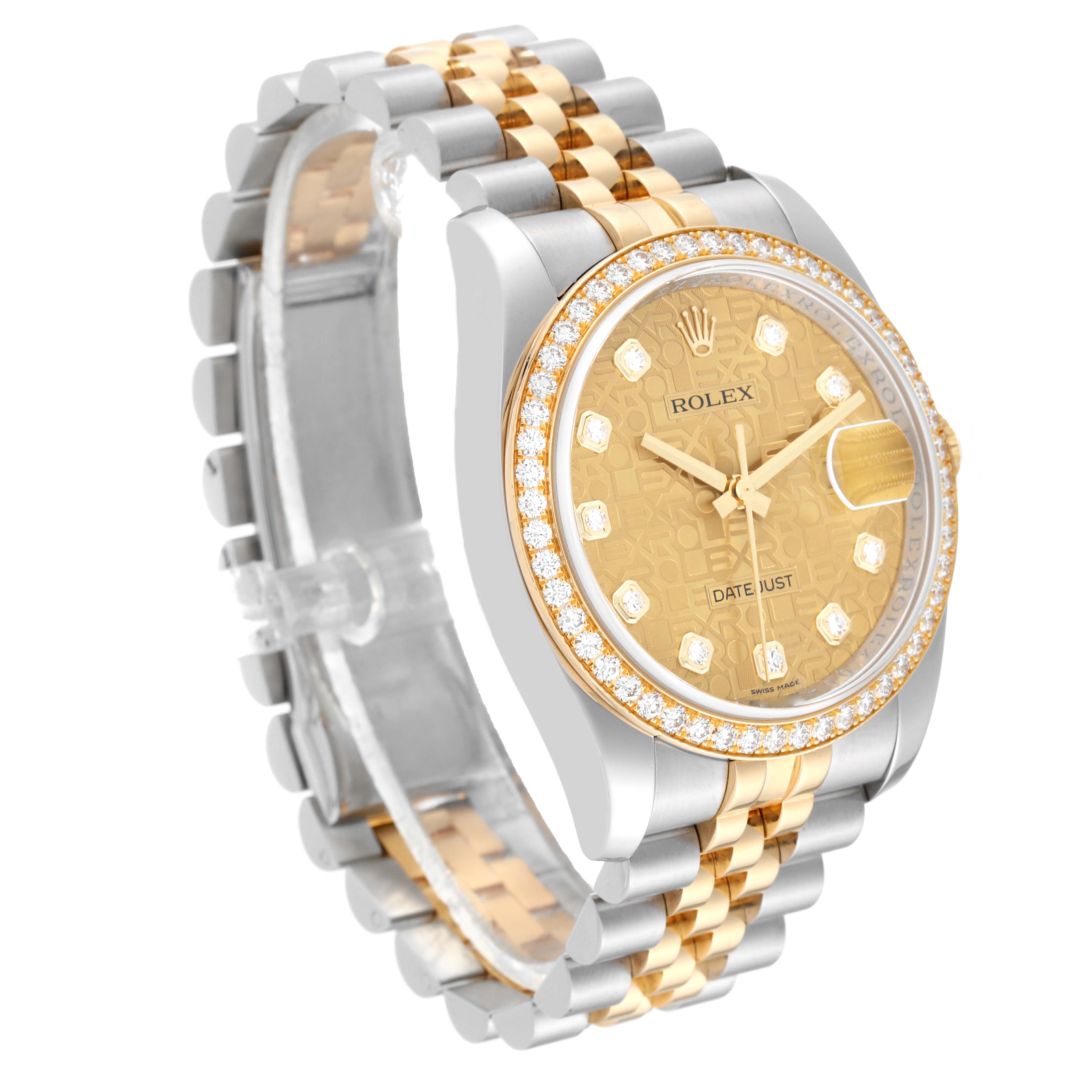 The image shows a side angle of the Rolex Datejust 116243 Men's Steel and Gold (two tone) Champagne Dial 116243 Men's Steel and Gold (two tone) Champagne Dial watch highlighting its two-tone bracelet and diamond-set bezel and dial.