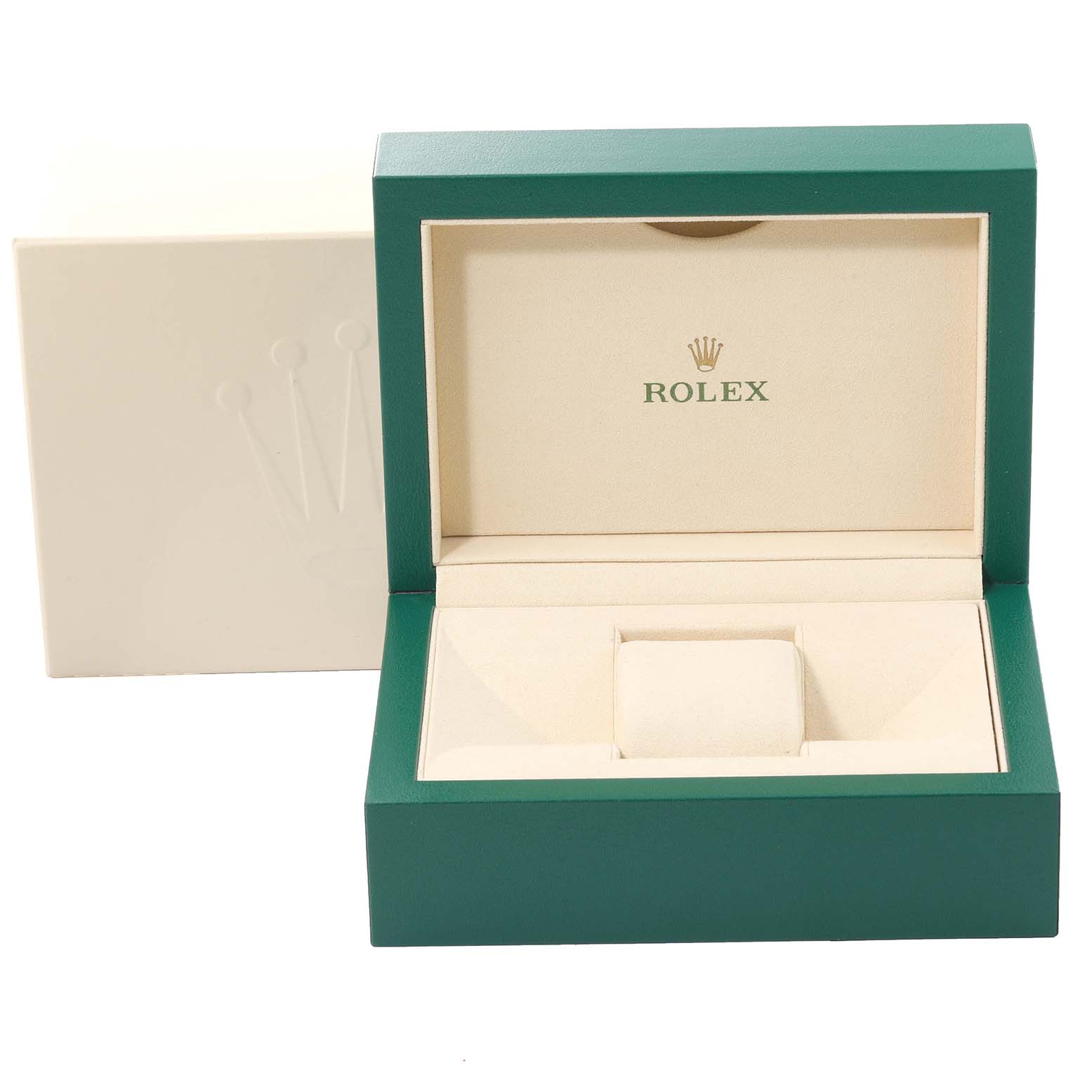 The image shows an open green and cream Rolex watch box for the Datejust model, viewed from the front.
