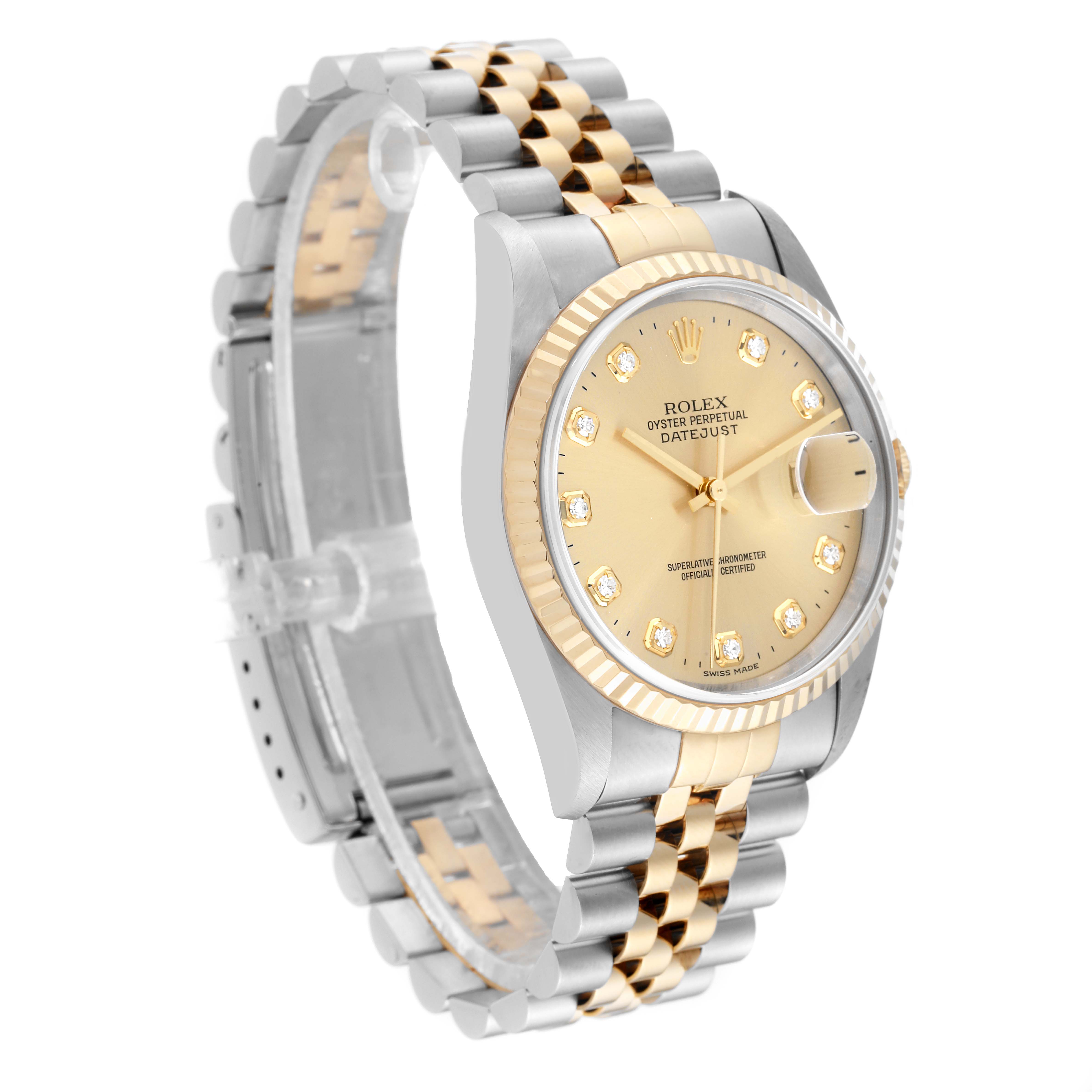 The image shows a side angle of a Rolex Datejust 16233 Men's Steel and Gold (two tone) Champagne Dial 16233 Men's Steel and Gold (two tone) Champagne Dial watch featuring a two-tone bracelet and a gold dial with diamond markers.