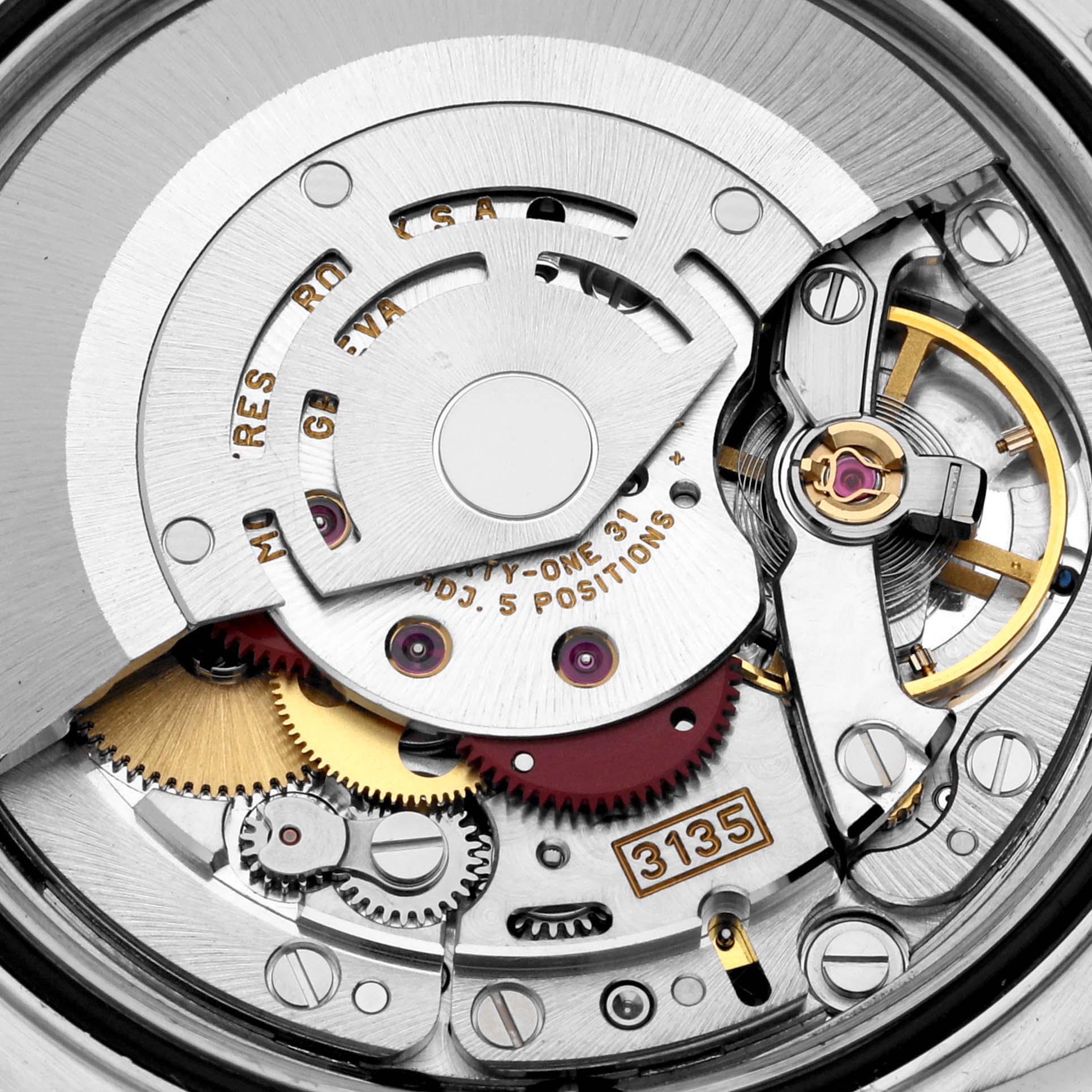 This image shows the internal movement mechanism, specifically the Rolex Caliber 3135, of the Rolex Datejust 16233 Men's Steel and Gold (two tone) Champagne Dial 16233 Men's Steel and Gold (two tone) Champagne Dial watch.