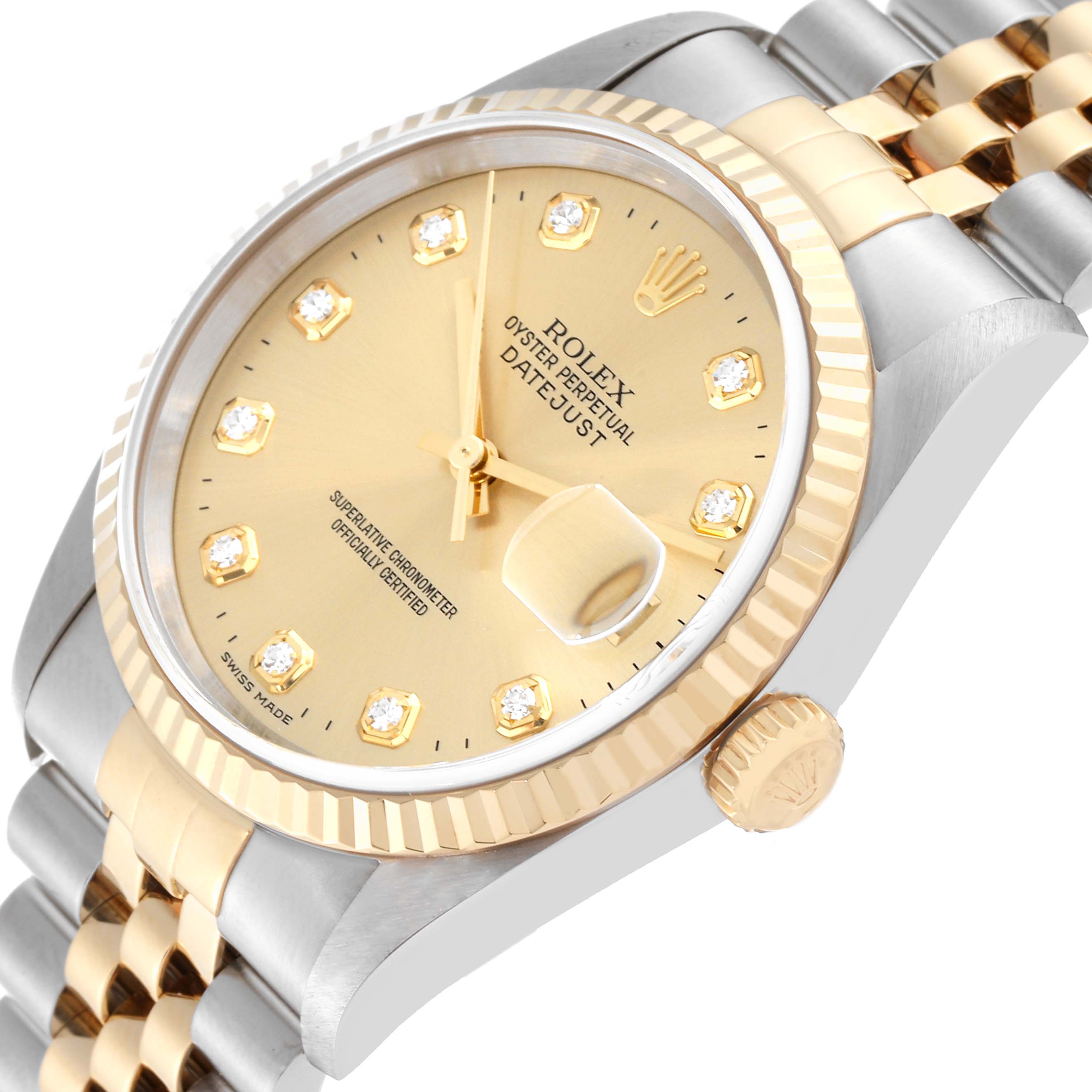 The image showcases a close-up angled view of a Rolex Datejust 16233 Men's Steel and Gold (two tone) Champagne Dial 16233 Men's Steel and Gold (two tone) Champagne Dial, highlighting its gold dial, bezel, crown, and part of the bracelet.
