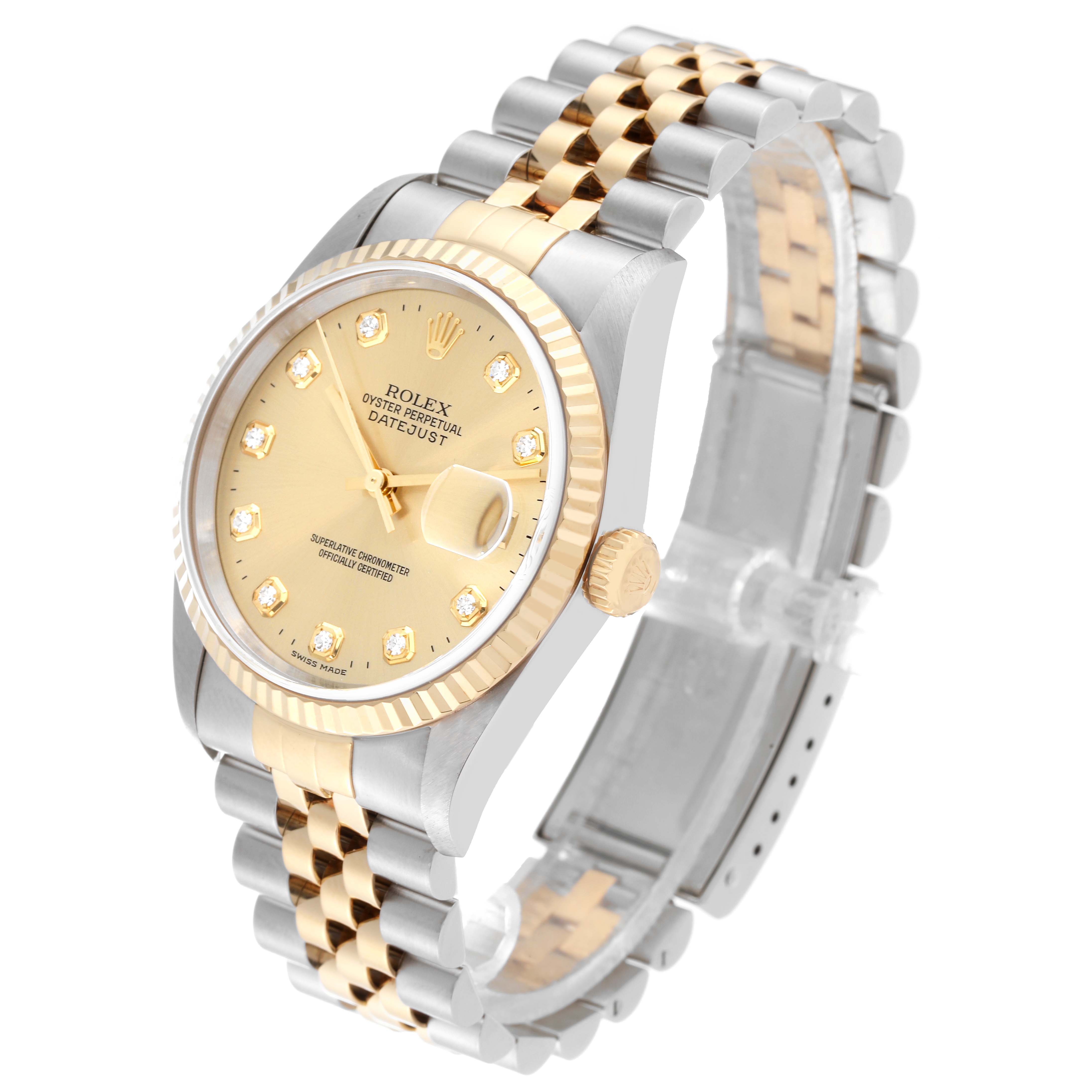 The Rolex Datejust 16233 Men's Steel and Gold (two tone) Champagne Dial 16233 Men's Steel and Gold (two tone) Champagne Dial watch is shown at an angled top and side view, highlighting its dial, bezel, crown, and two-tone bracelet.