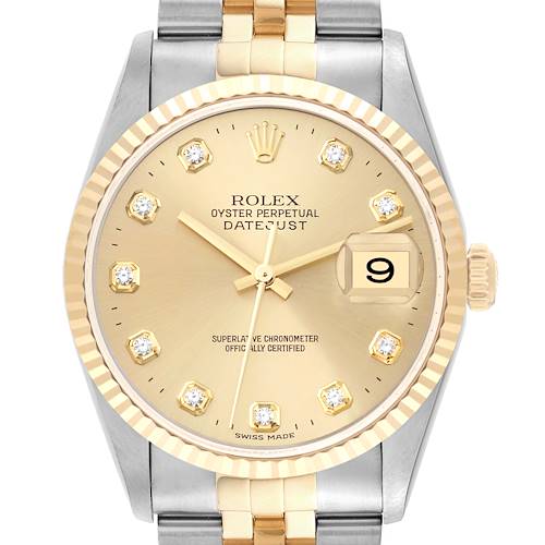 The image shows a Rolex Datejust watch from a front angle, highlighting its dial, date window, and part of the two-tone bracelet.