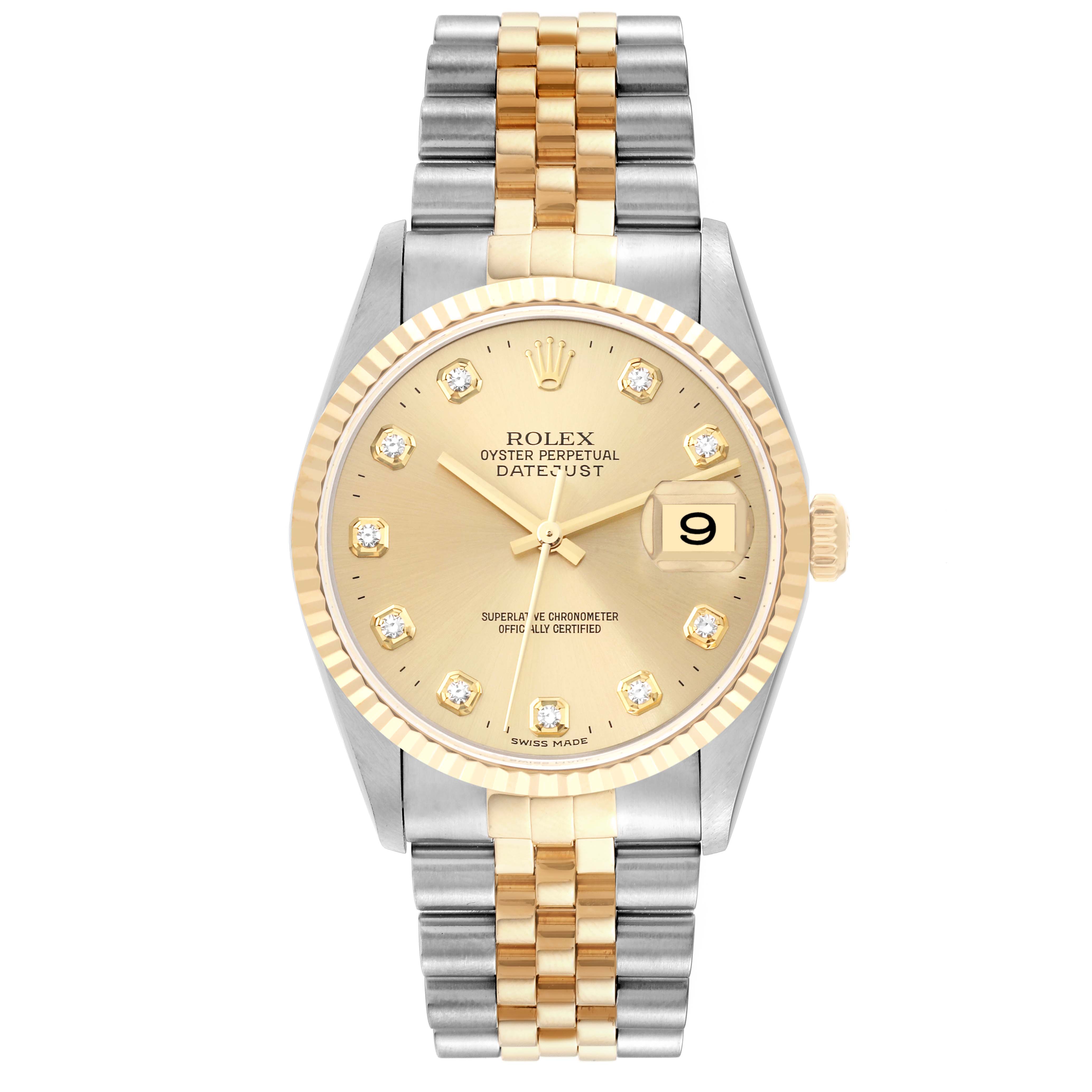 The image shows a Rolex Datejust 16233 Men's Steel and Gold (two tone) Champagne Dial 16233 Men's Steel and Gold (two tone) Champagne Dial watch from a front angle, highlighting the dial, bezel, and two-tone bracelet.