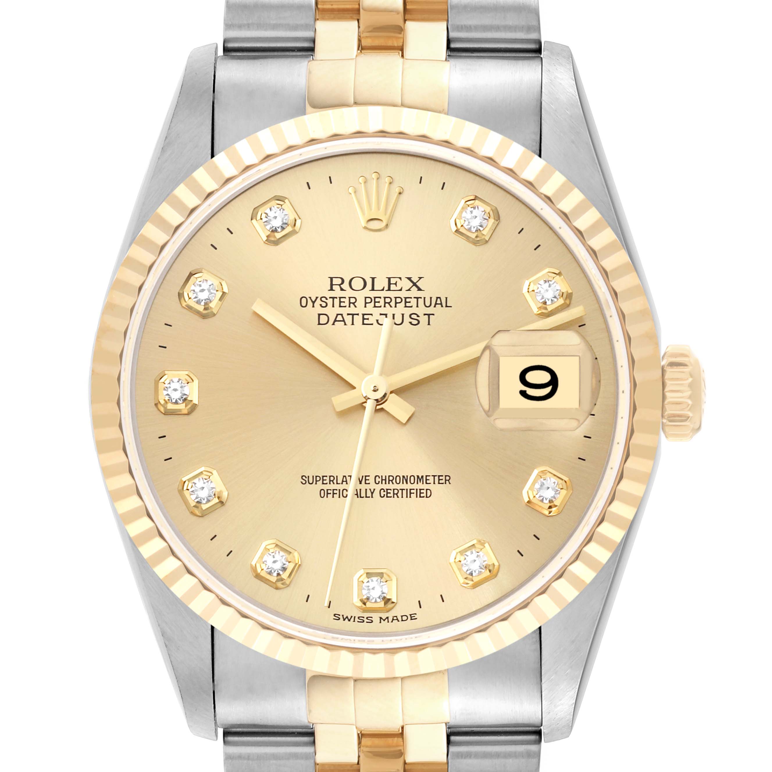 This image shows a close-up of the Rolex Datejust 16233 Men's Steel and Gold (two tone) Champagne Dial 16233 Men's Steel and Gold (two tone) Champagne Dial watch face, including the bezel, dial, markers, hands, and part of the bracelet.
