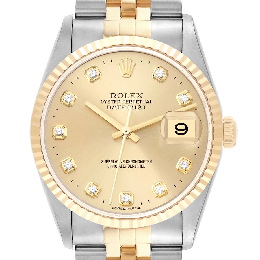 This image shows a close-up of the Rolex Datejust watch face, including the bezel, dial, markers, hands, and part of the bracelet.