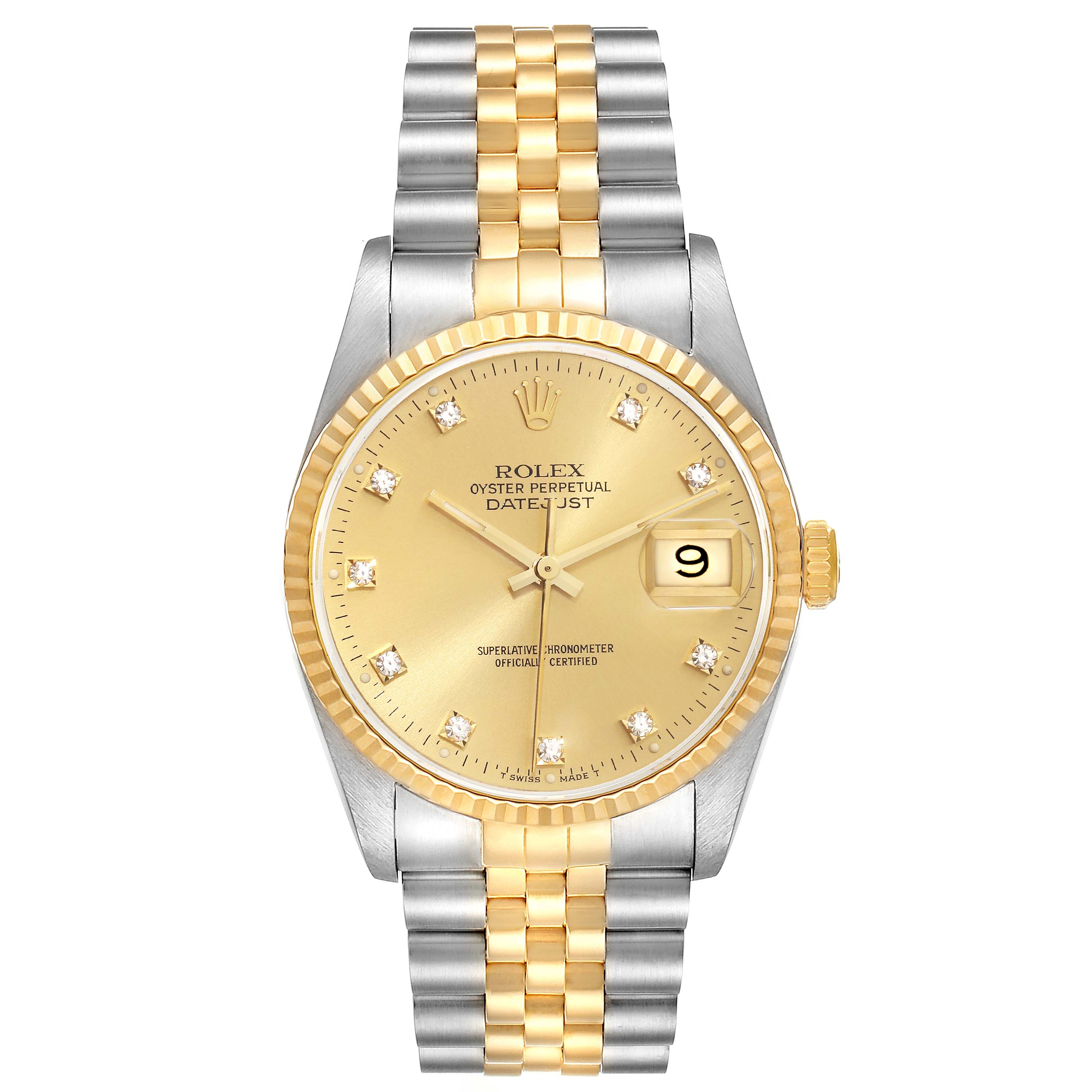 This image shows a frontal view of a Rolex Datejust 16233 Men's Steel and Gold (two tone) Champagne Dial 16233 Men's Steel and Gold (two tone) Champagne Dial watch, featuring its dial, bezel, and bracelet.