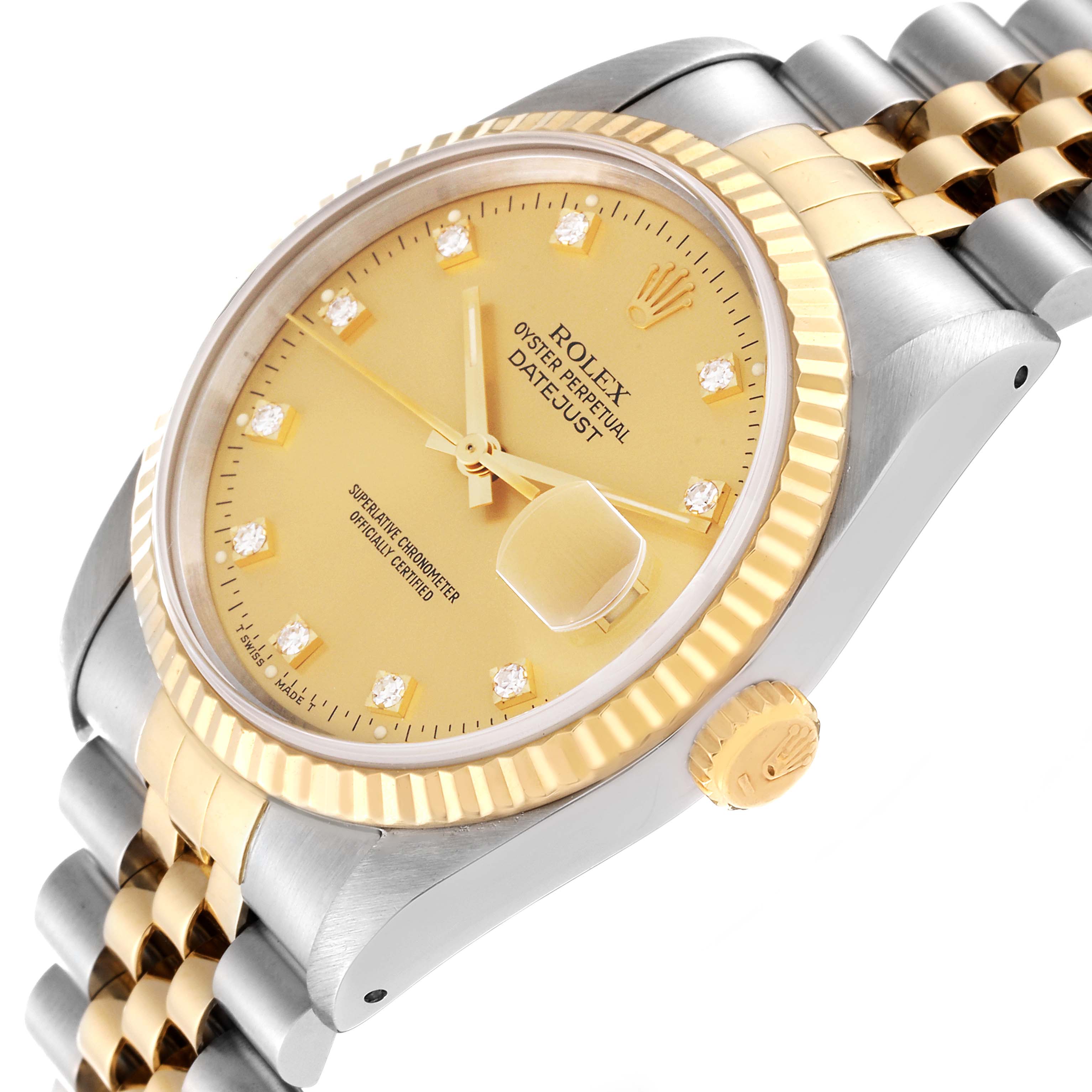 The image shows a close-up angle of the Rolex Datejust 16233 Men's Steel and Gold (two tone) Champagne Dial 16233 Men's Steel and Gold (two tone) Champagne Dial, showcasing its face, crown, and part of the bracelet.