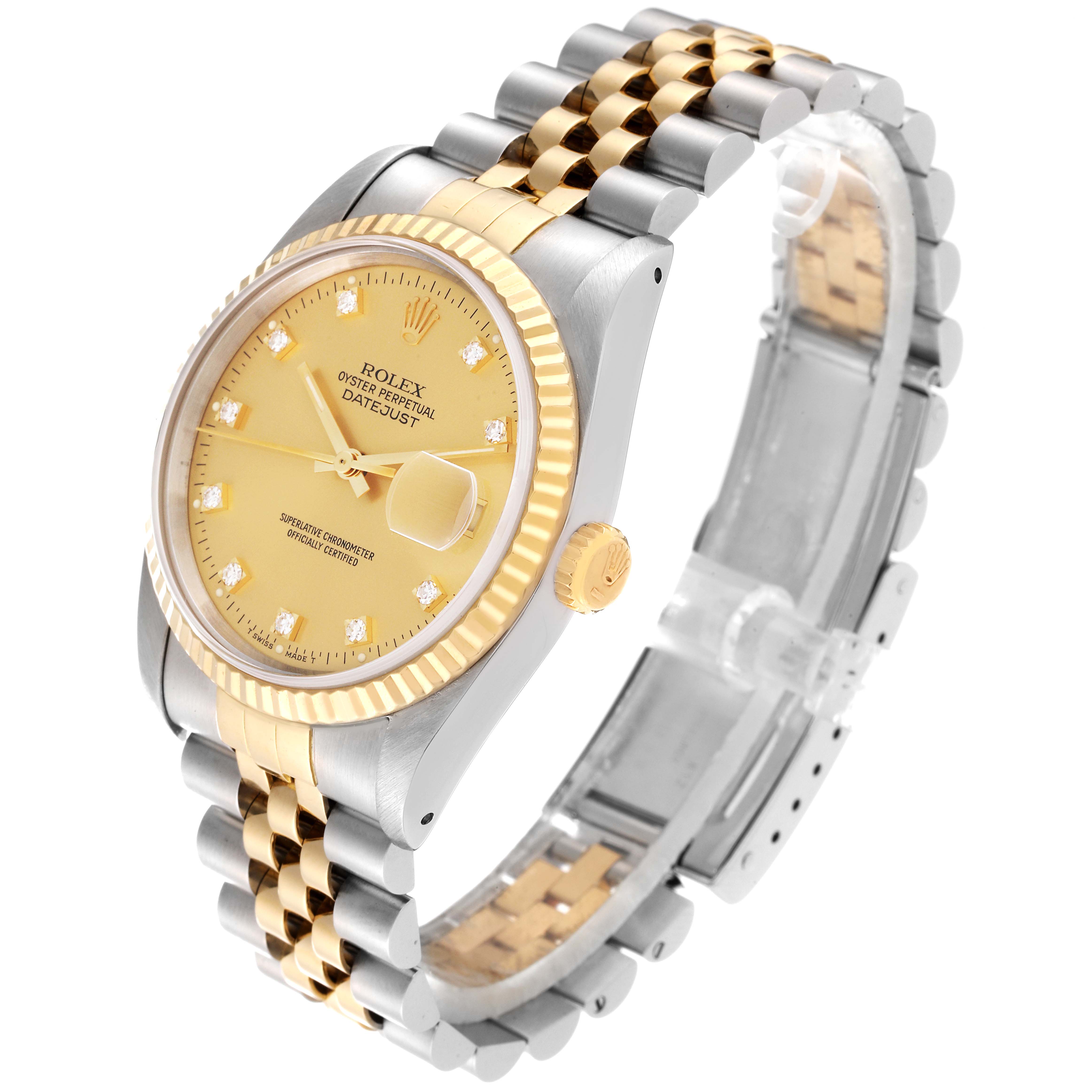 The image shows a Rolex Datejust 16233 Men's Steel and Gold (two tone) Champagne Dial 16233 Men's Steel and Gold (two tone) Champagne Dial watch from a side angle, highlighting its gold and silver tones, jubilee bracelet, and fluted bezel.