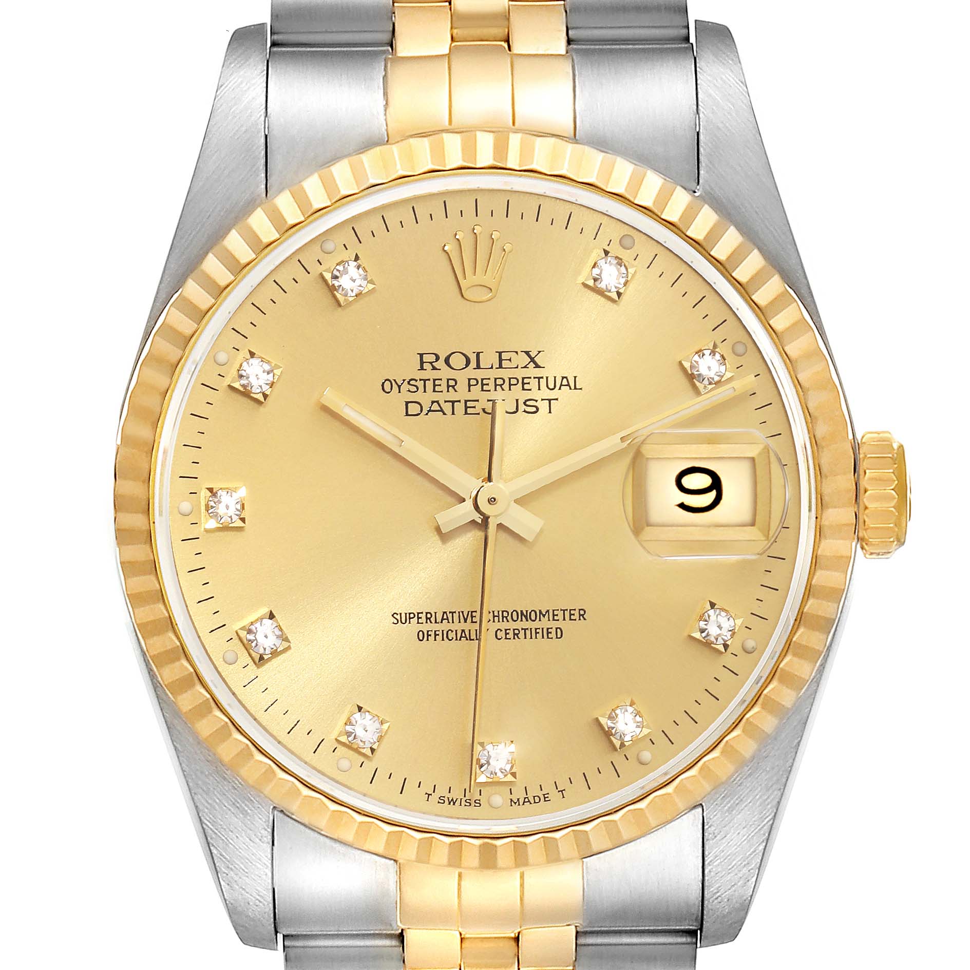 The image shows a frontal view of a Rolex Datejust 16233 Men's Steel and Gold (two tone) Champagne Dial 16233 Men's Steel and Gold (two tone) Champagne Dial watch, highlighting its gold dial, fluted bezel, and two-tone bracelet.