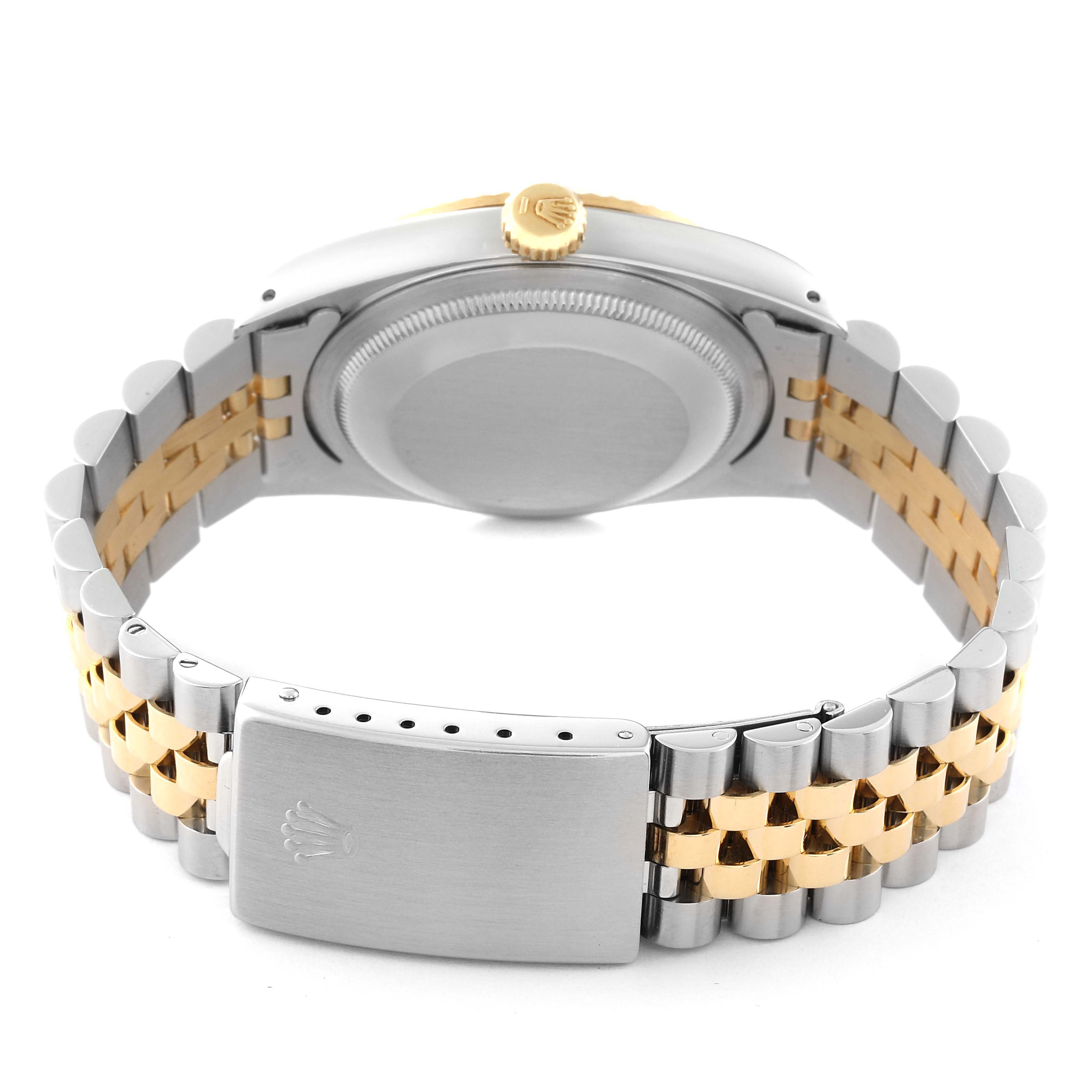 The image shows the back view of a Rolex Datejust 16233 Men's Steel and Gold (two tone) Champagne Dial 16233 Men's Steel and Gold (two tone) Champagne Dial watch, highlighting its two-tone bracelet and clasp.