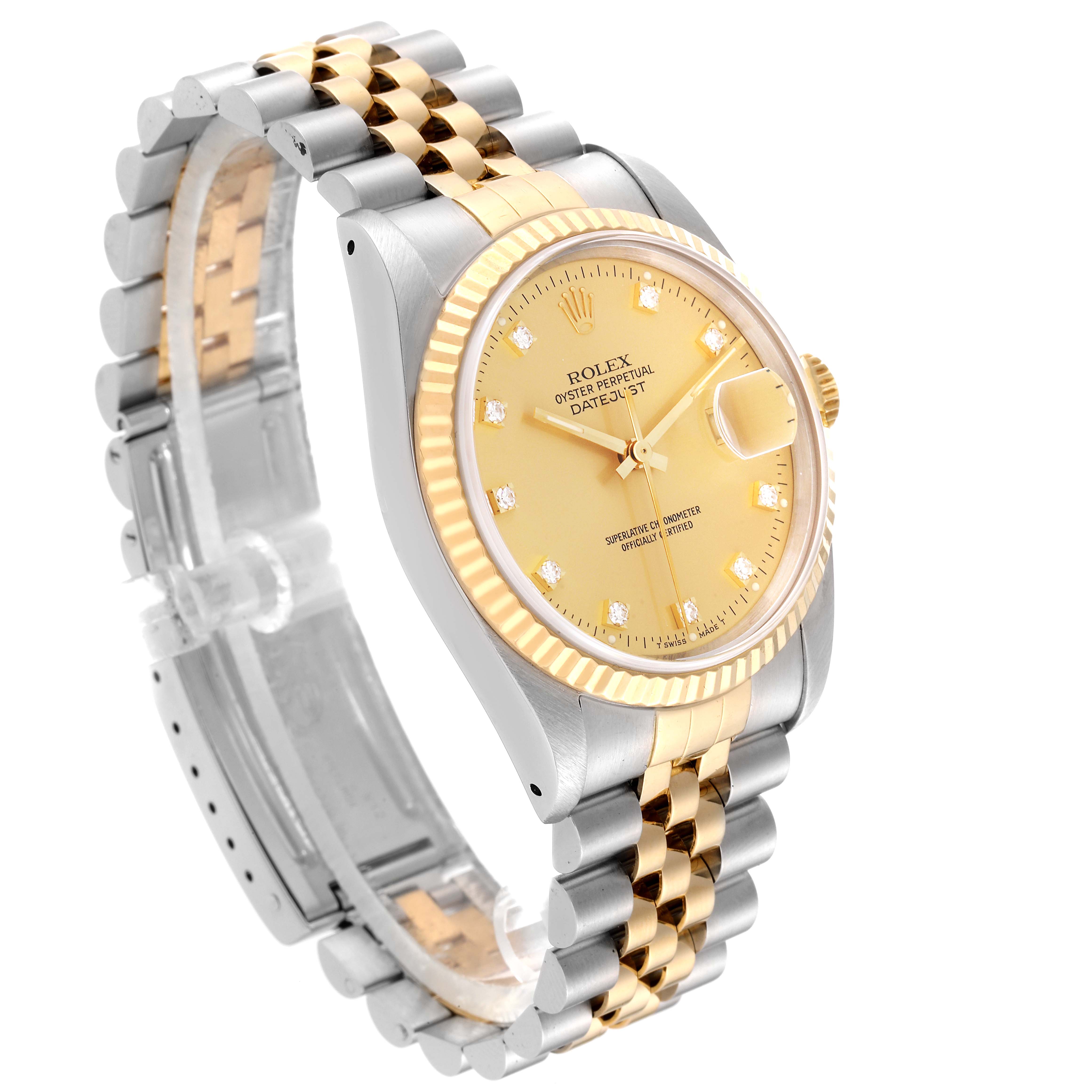 This image shows a side angle of a Rolex Datejust 16233 Men's Steel and Gold (two tone) Champagne Dial 16233 Men's Steel and Gold (two tone) Champagne Dial watch, highlighting its gold dial, fluted bezel, and two-tone bracelet.