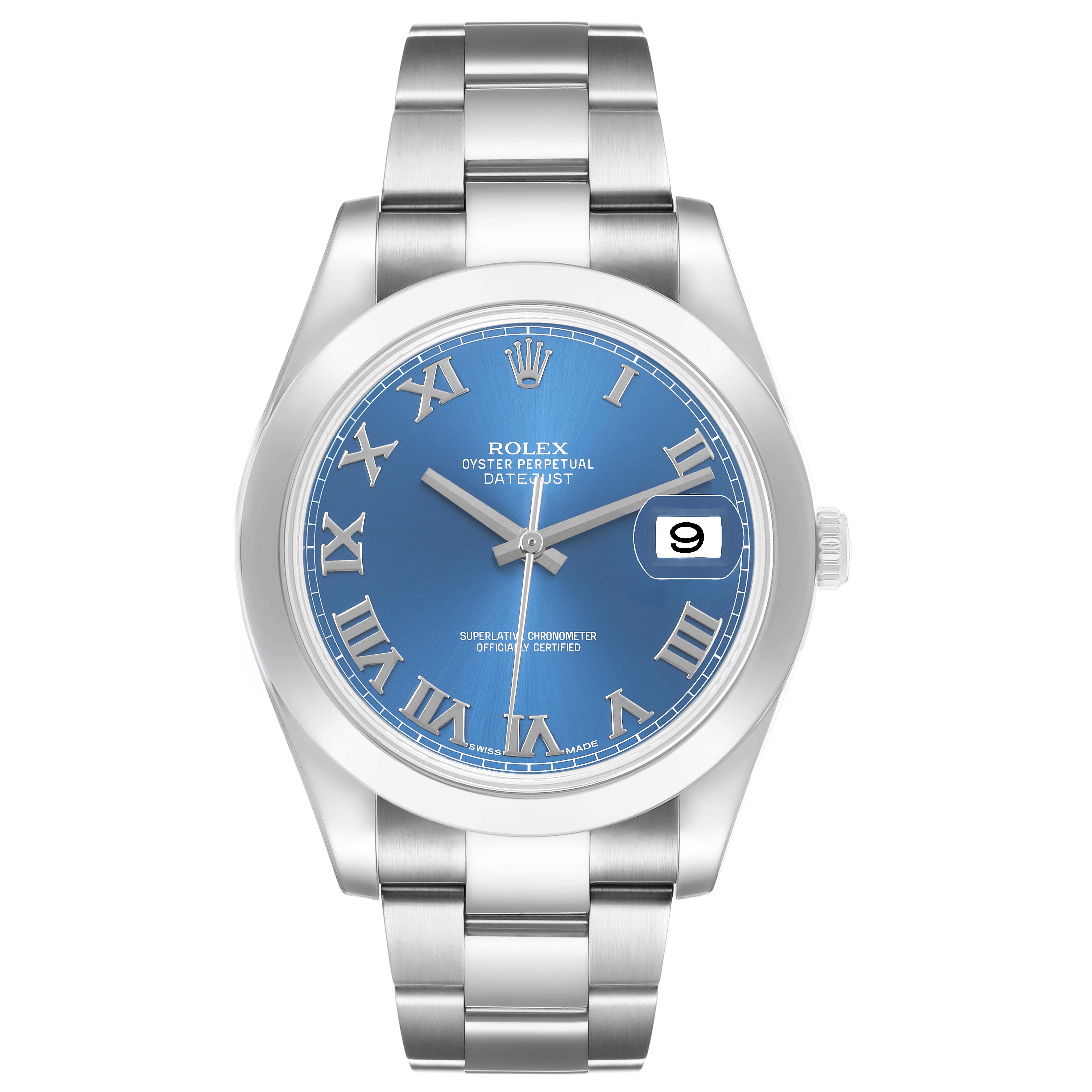The Rolex Datejust 41 116300 Men's Stainless Steel Blue Dial is shown from a front angle, highlighting its blue dial, Roman numerals, and stainless steel bracelet.