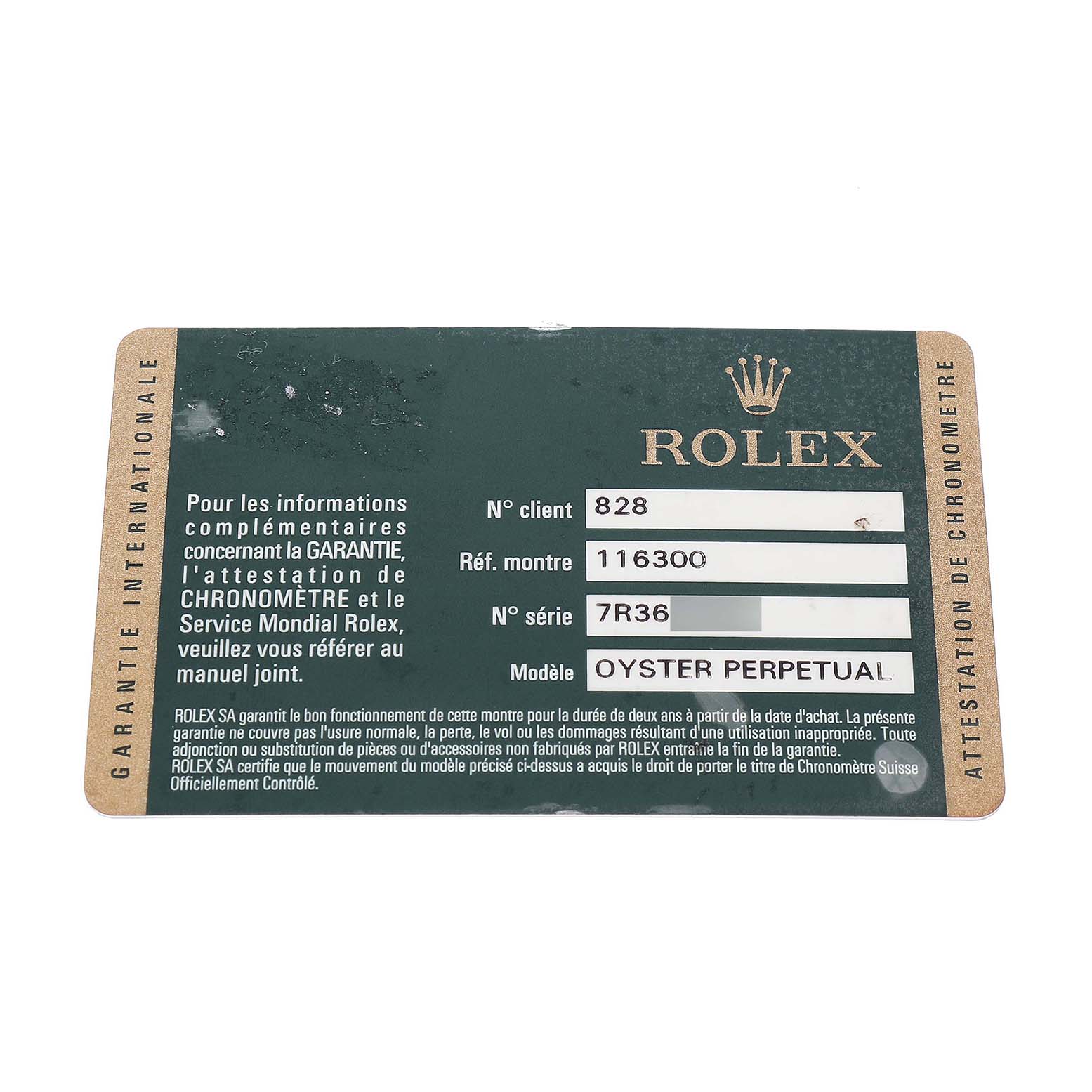 The image shows a warranty card for a Rolex Datejust 41 116300 Men's Stainless Steel Blue Dial, with model details including model and reference numbers.