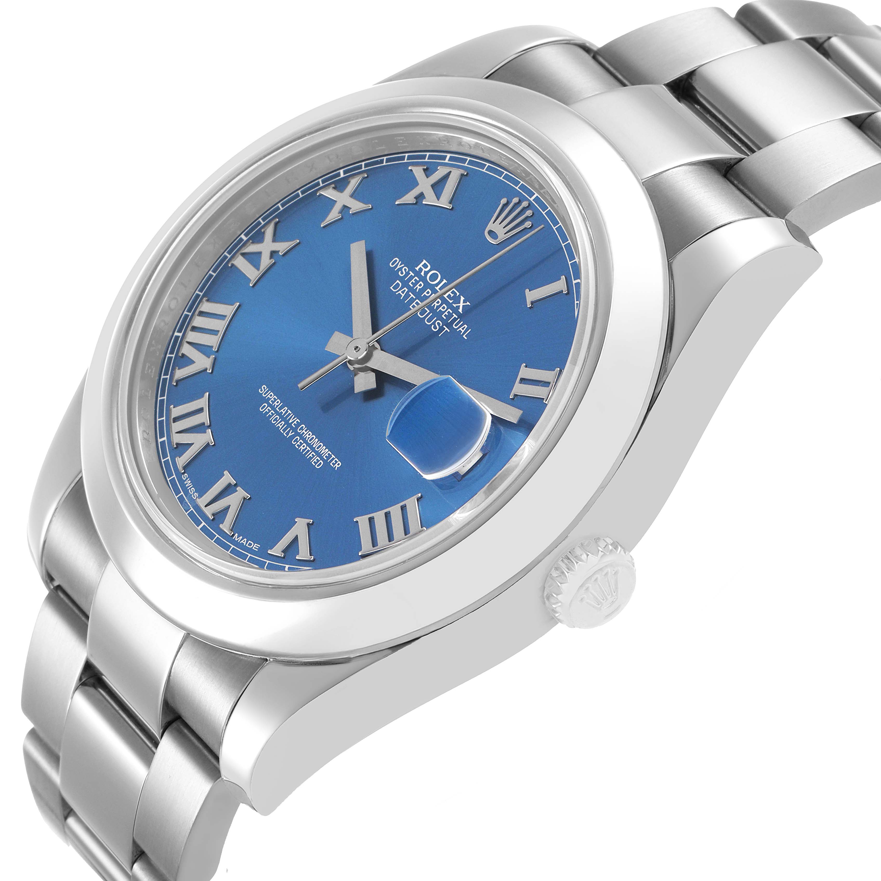 The Rolex Datejust 41 116300 Men's Stainless Steel Blue Dial watch is shown at an angle highlighting the blue dial, Roman numerals, and part of the bracelet.