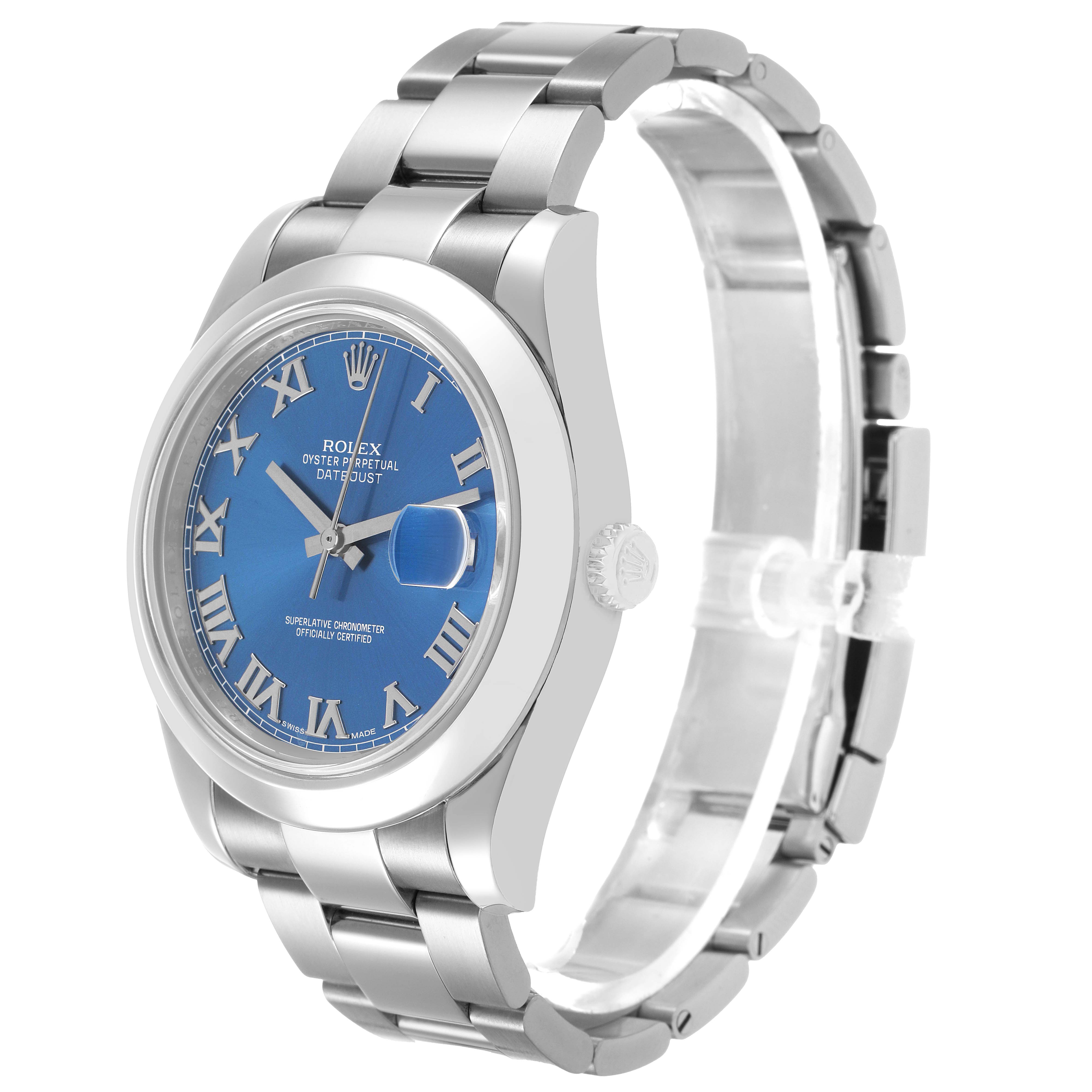 The image shows a side angle of the Rolex Datejust 41 116300 Men's Stainless Steel Blue Dial, highlighting the bracelet, case, and blue dial.