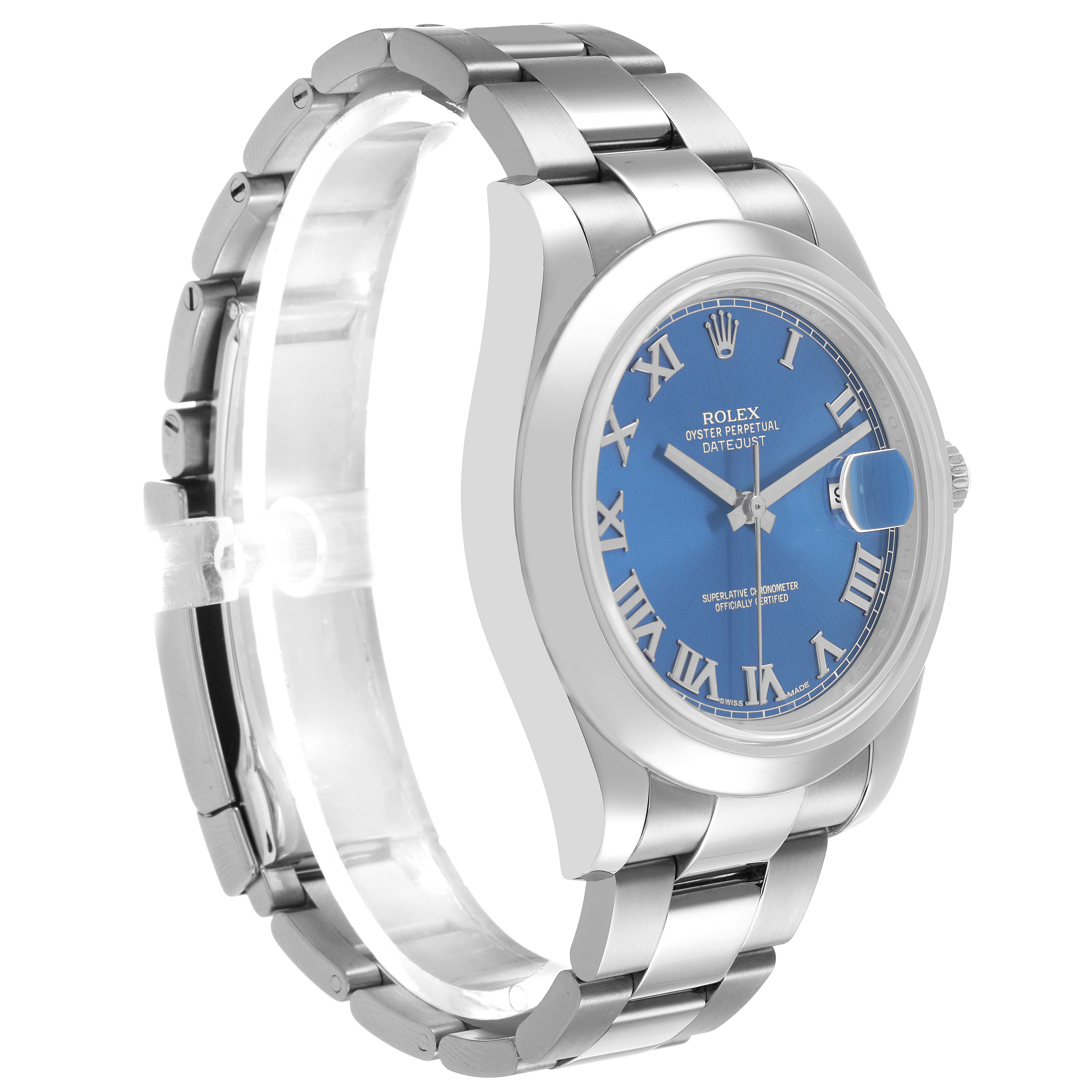 The image shows a Rolex Datejust 41 116300 Men's Stainless Steel Blue Dial watch at a three-quarter angle, highlighting its blue dial, bezel, and bracelet.