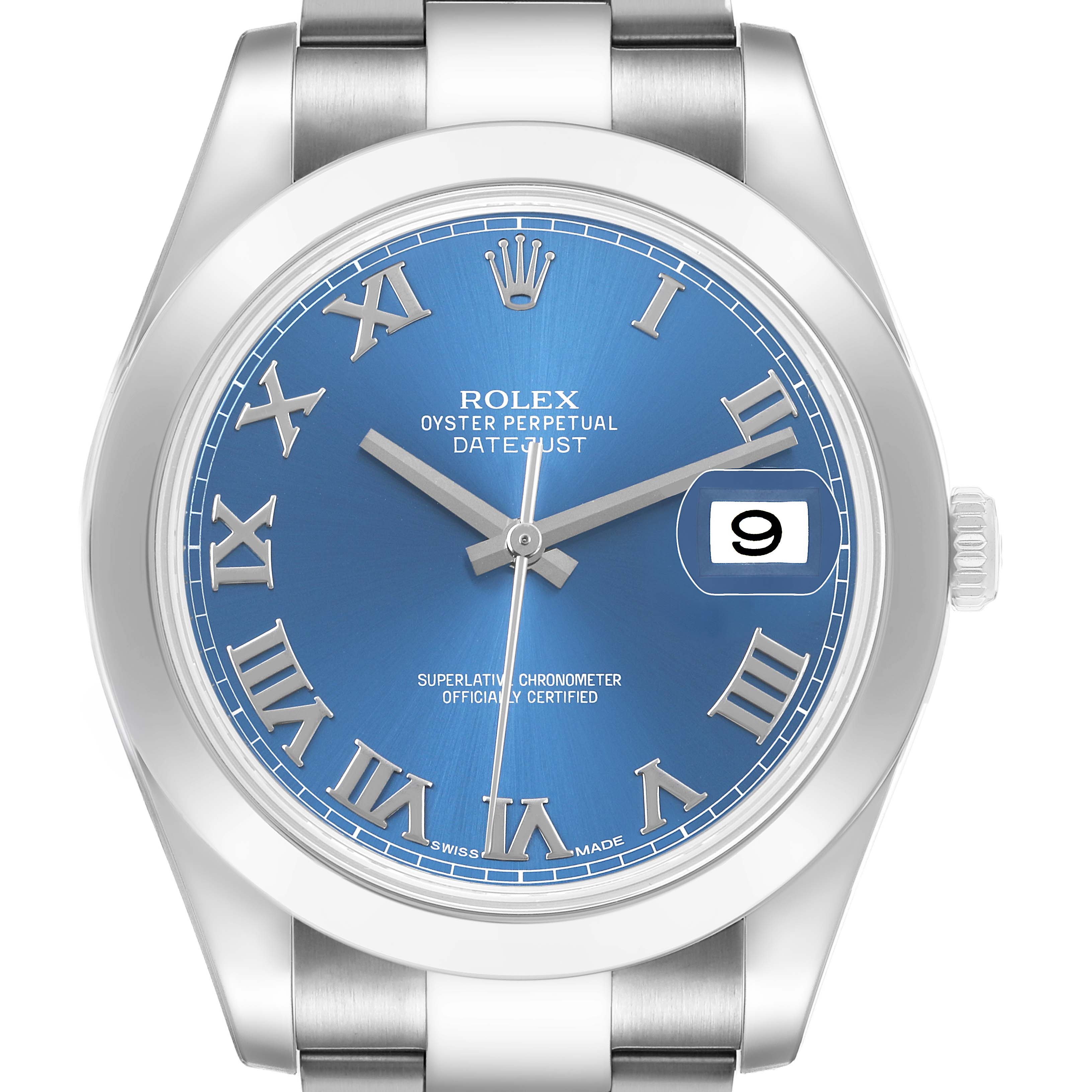 The Rolex Datejust 41 116300 Men's Stainless Steel Blue Dial watch is shown from a front angle, displaying its blue dial, Roman numerals, and date aperture.