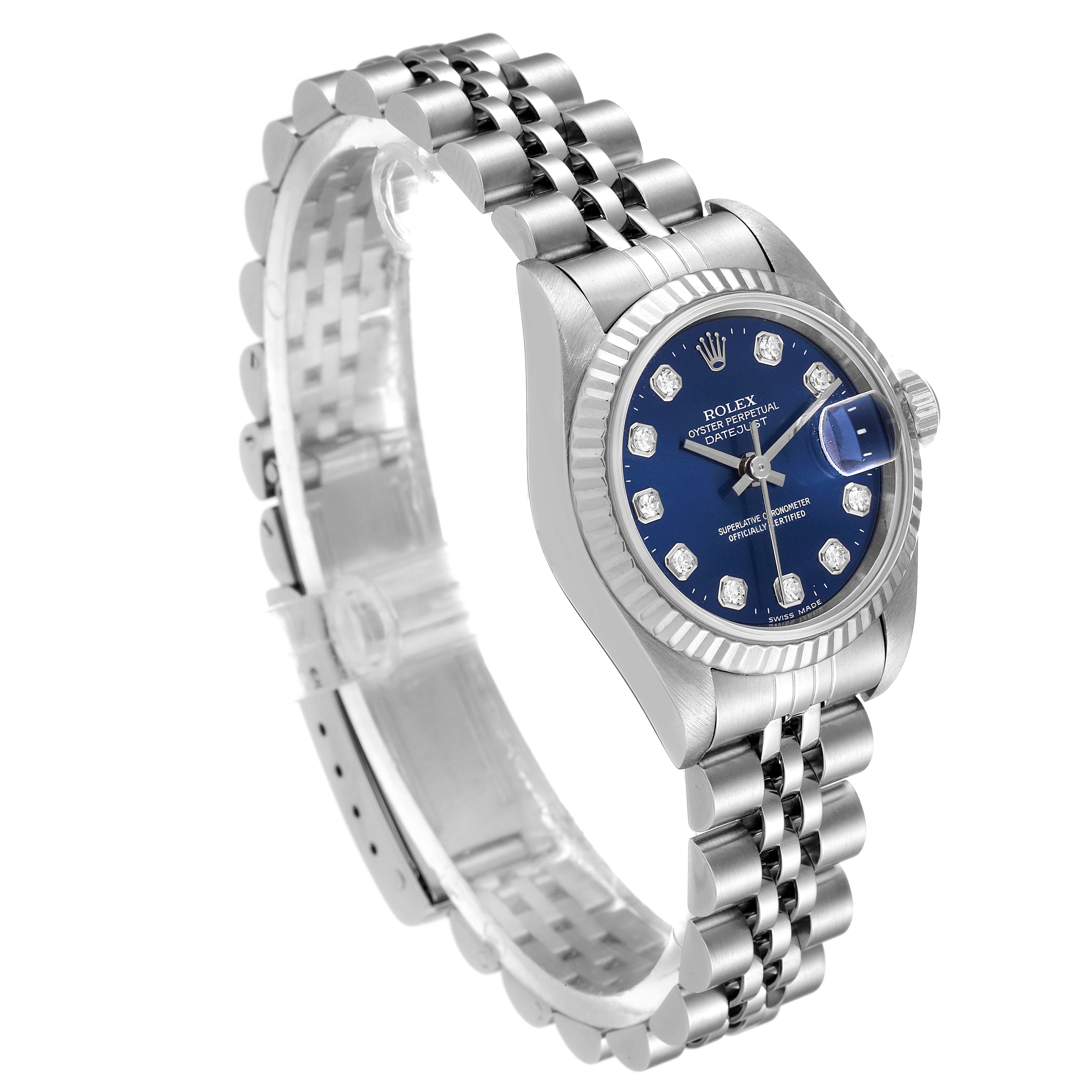 This image shows a Rolex Datejust 69174 Women
s Stainless Steel Blue Dial 69174 Women
s Stainless Steel Blue Dial watch at a three-quarter angle, highlighting the face, bezel, and bracelet.