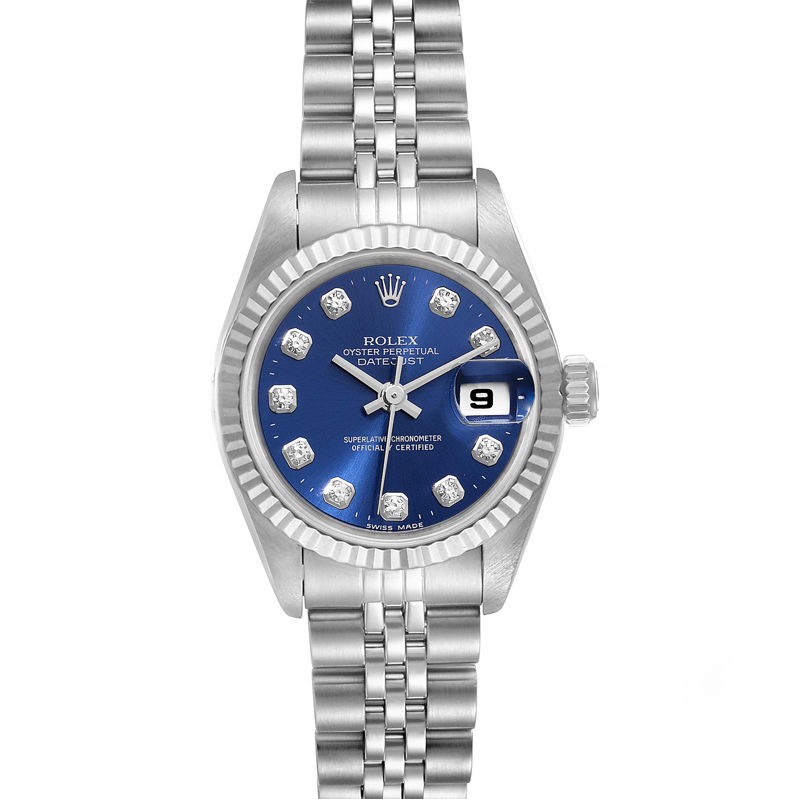This image shows a frontal view of a Rolex Datejust 69174 Women
s Stainless Steel Blue Dial 69174 Women
s Stainless Steel Blue Dial watch, displaying the face, dial, date window, and the bracelet.