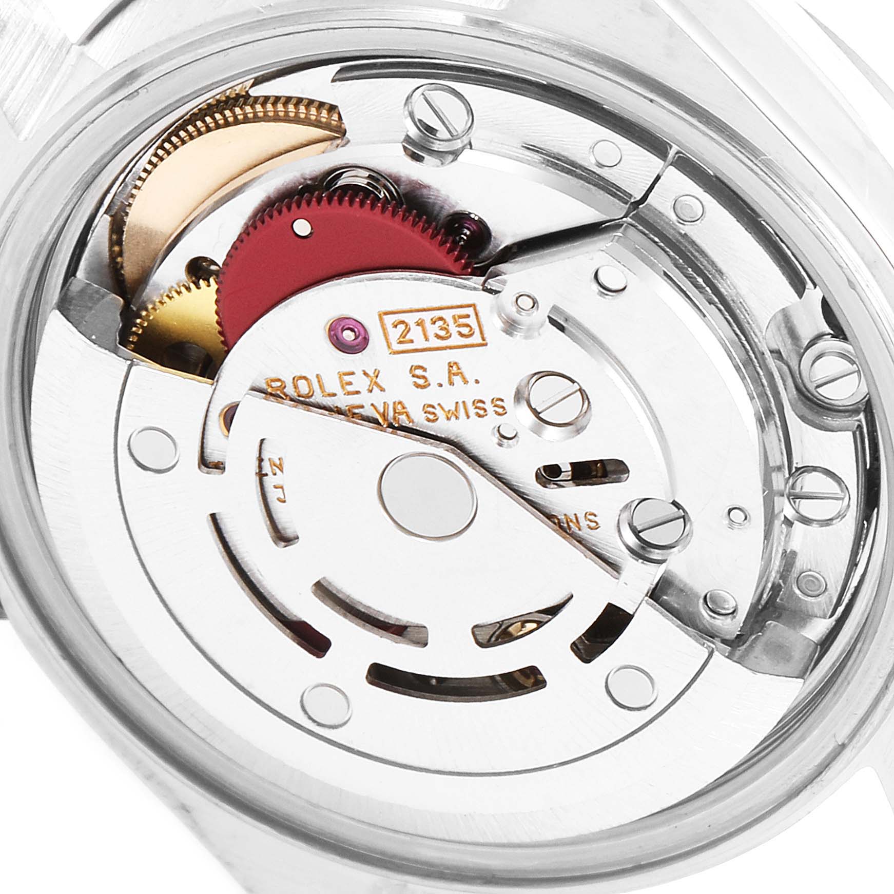 This image displays the exposed movement mechanics of a Rolex Datejust 69174 Women
s Stainless Steel Blue Dial 69174 Women
s Stainless Steel Blue Dial watch from the back side.