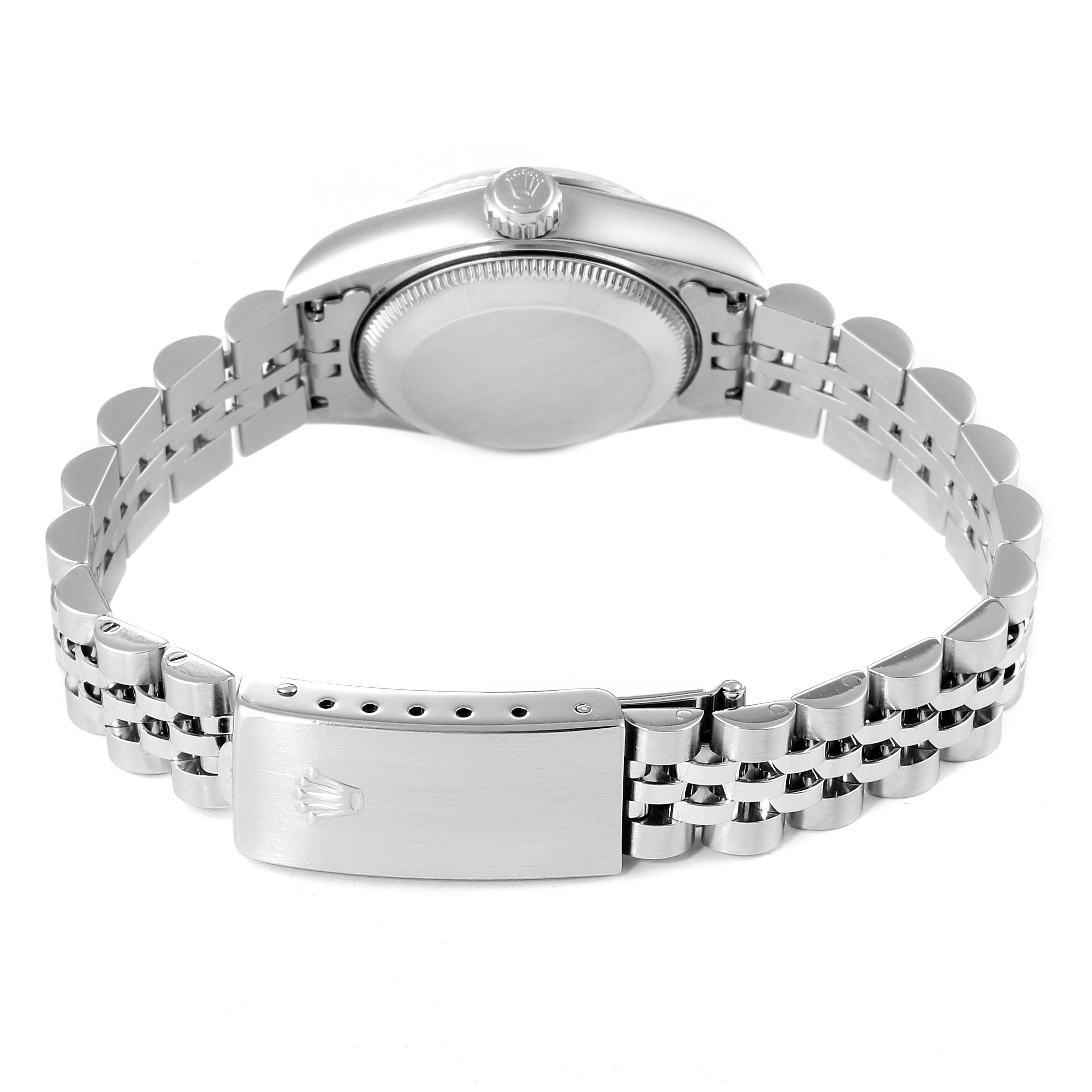 This image shows the case back, crown, and bracelet of the Rolex Datejust 69174 Women
s Stainless Steel Blue Dial 69174 Women
s Stainless Steel Blue Dial watch from a rear angle.