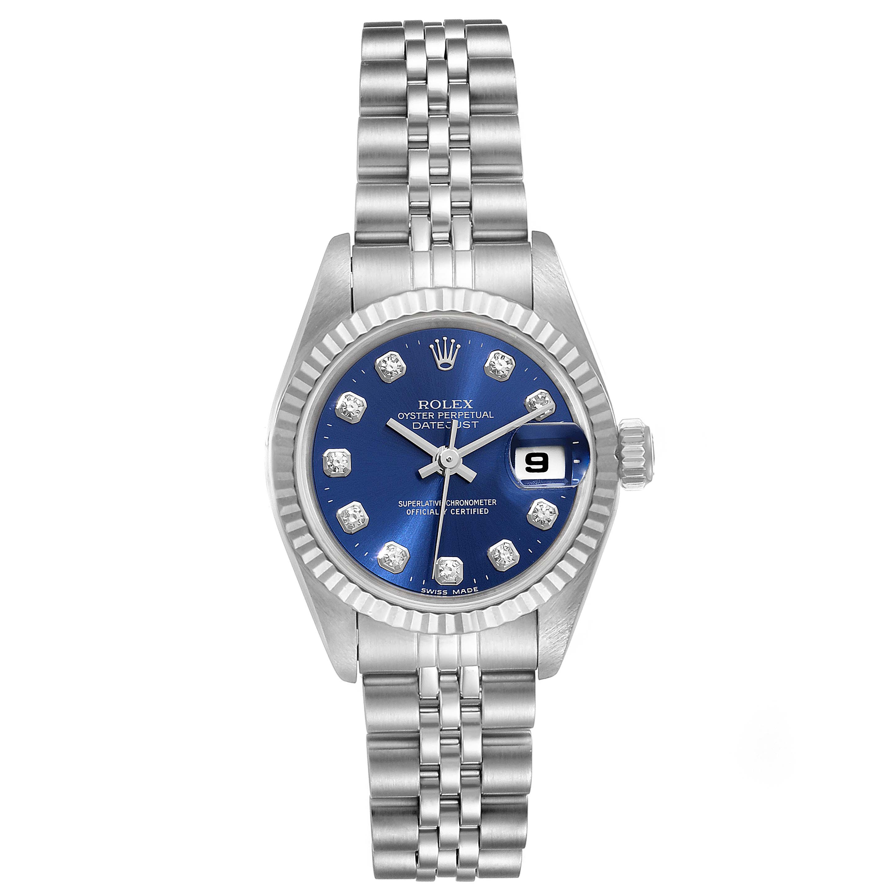 This Rolex Datejust 69174 Women
s Stainless Steel Blue Dial 69174 Women
s Stainless Steel Blue Dial watch is shown from the front, featuring a blue dial, fluted bezel, jubilee bracelet, and date window.
