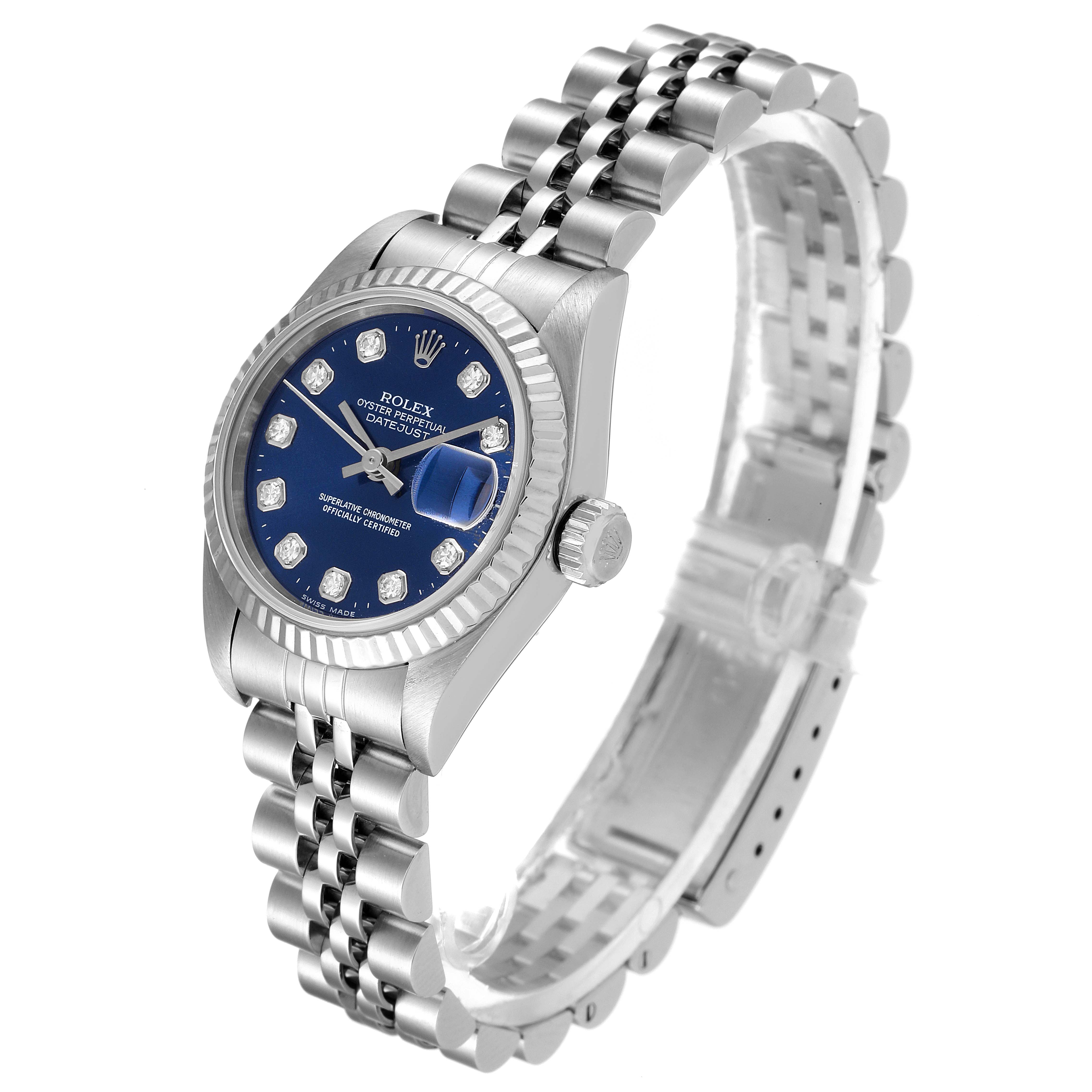 The image shows a Rolex Datejust 69174 Women
s Stainless Steel Blue Dial 69174 Women
s Stainless Steel Blue Dial watch at an angle displaying its blue dial, diamond hour markers, Jubilee bracelet, and fluted bezel.
