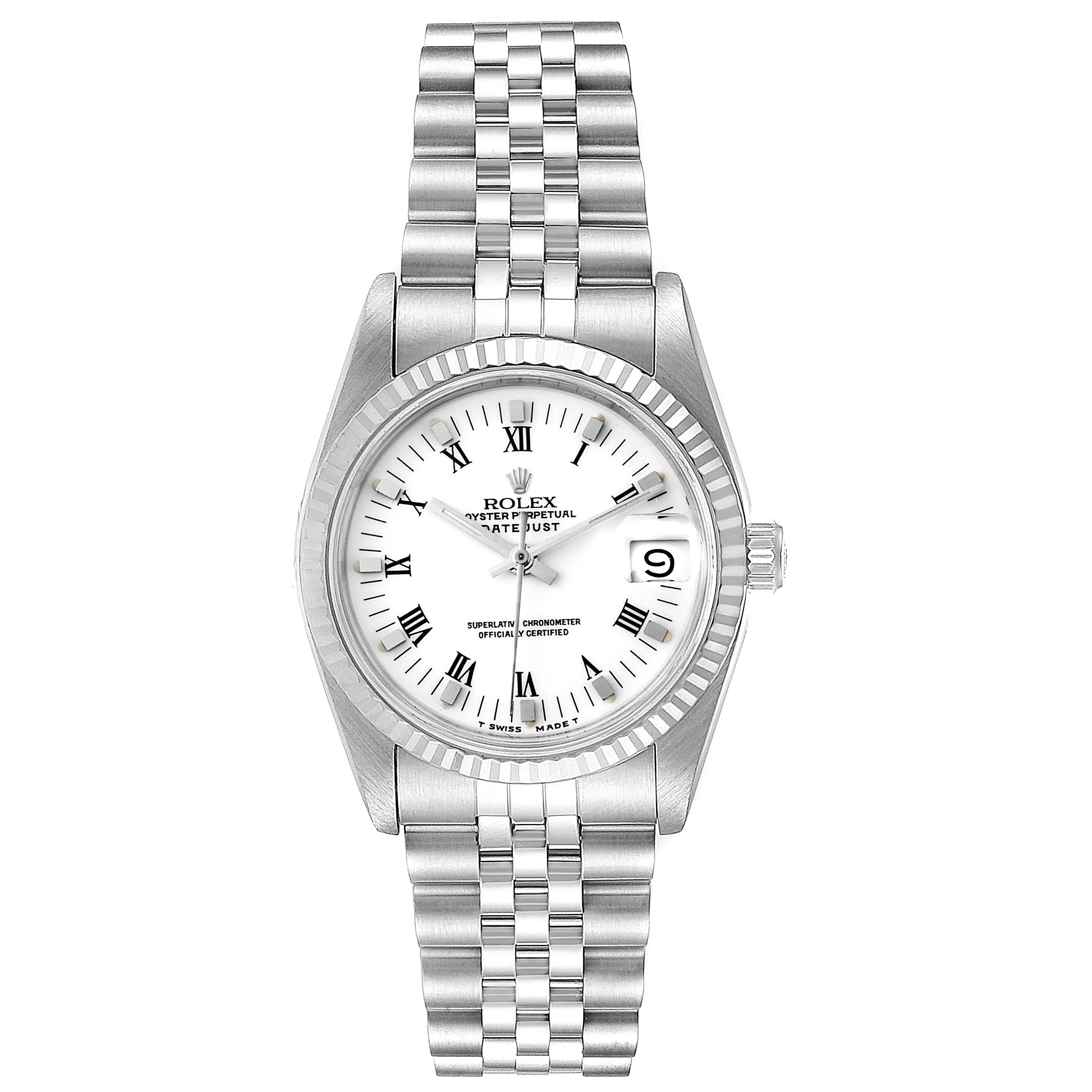 The image shows a front view of a Rolex Mid-Size 68274 Women
s Stainless Steel White Dial 68274 Women
s Stainless Steel White Dial Datejust watch, displaying the dial, bezel, and bracelet.